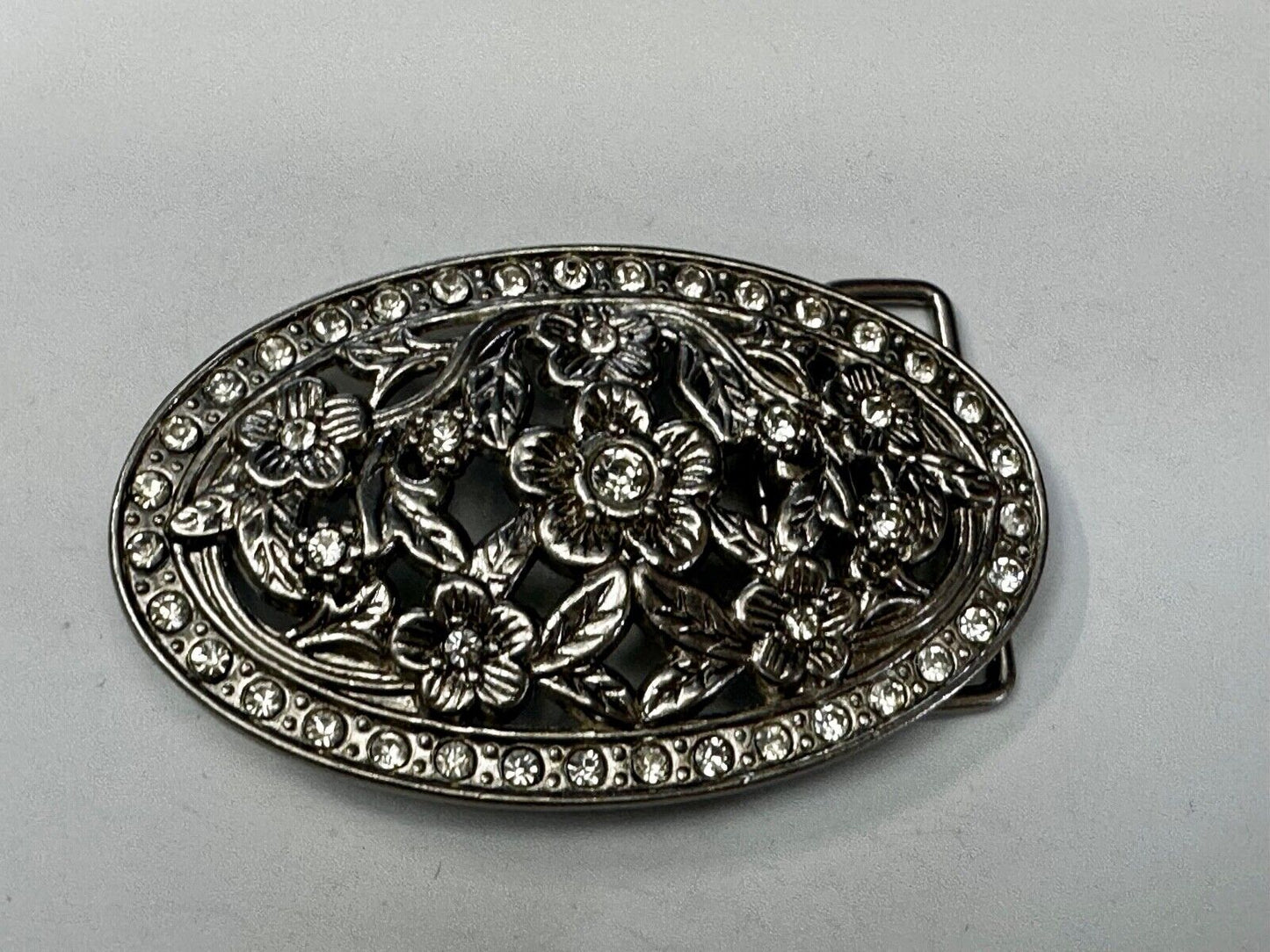 Swirl Flower Ornate Openwork Rhinestone Border Accent Silver Tone Belt Buckle