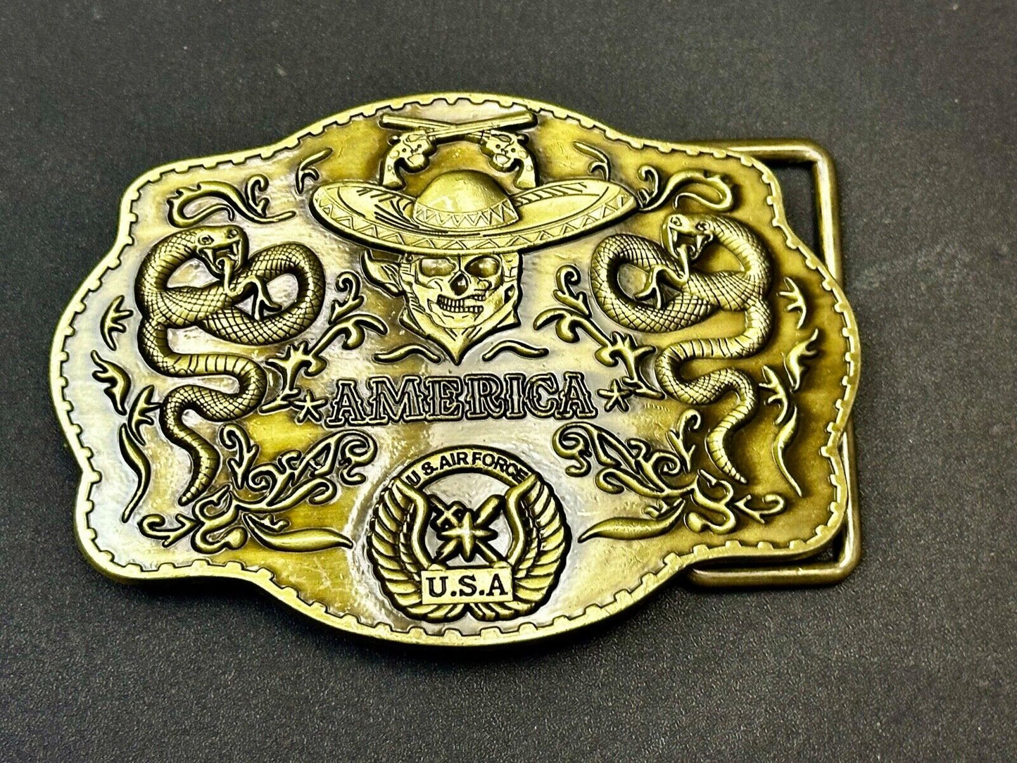 Air Force - America Skull in Cowboy Hat, Crossed Guns, Snakes, Eagle Belt Buckle