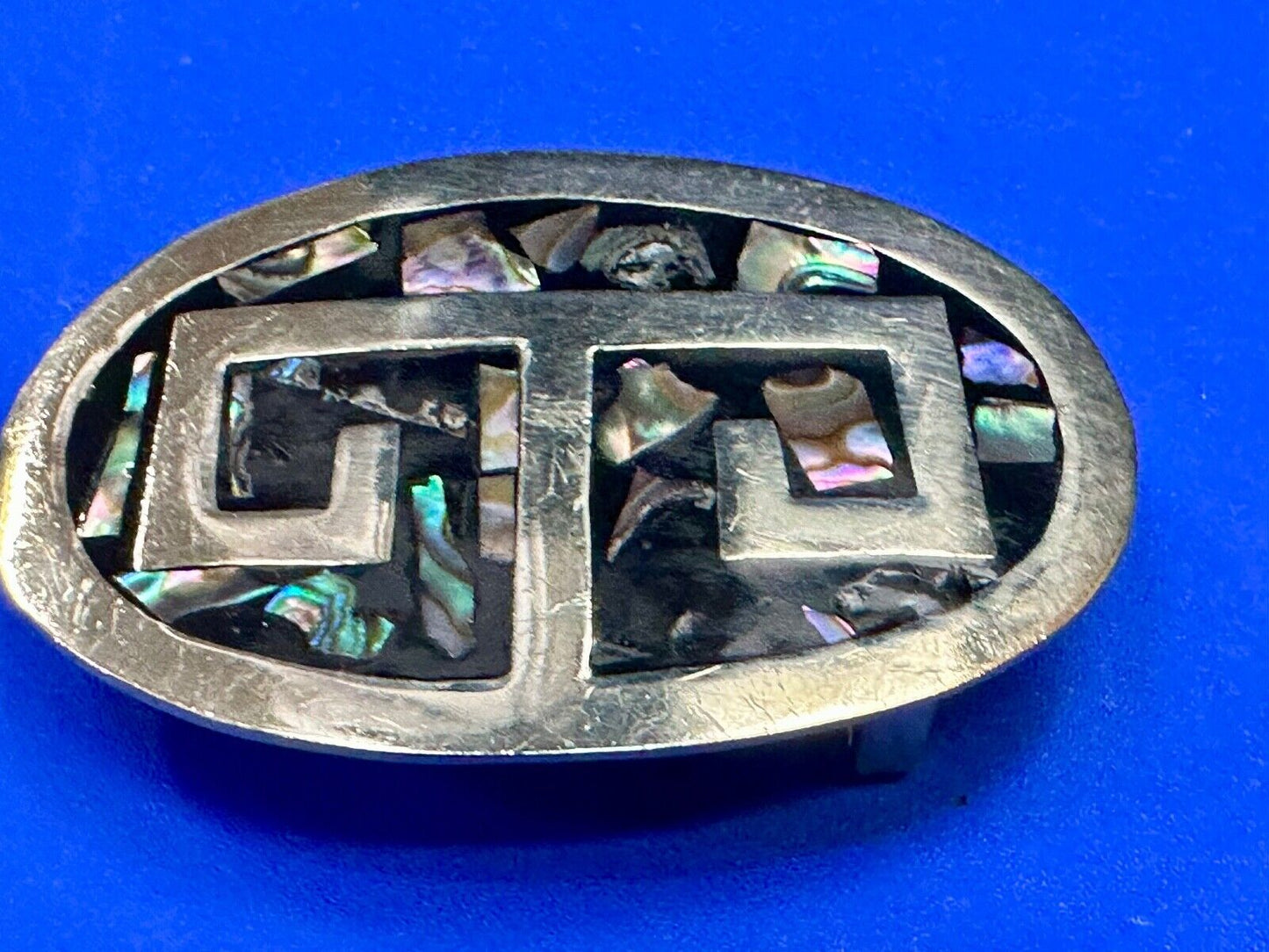 Vintage Alpaca Mexico Silver Tone Abalone Shell Pattern Oval belt buckle
