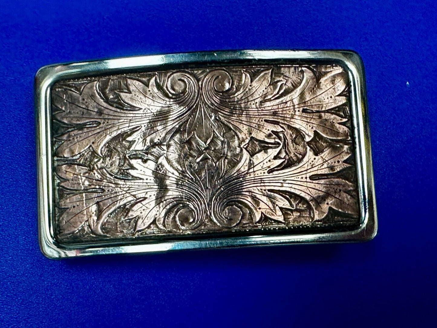 Vintage etched brown leaf pattern two tone Belt Buckle