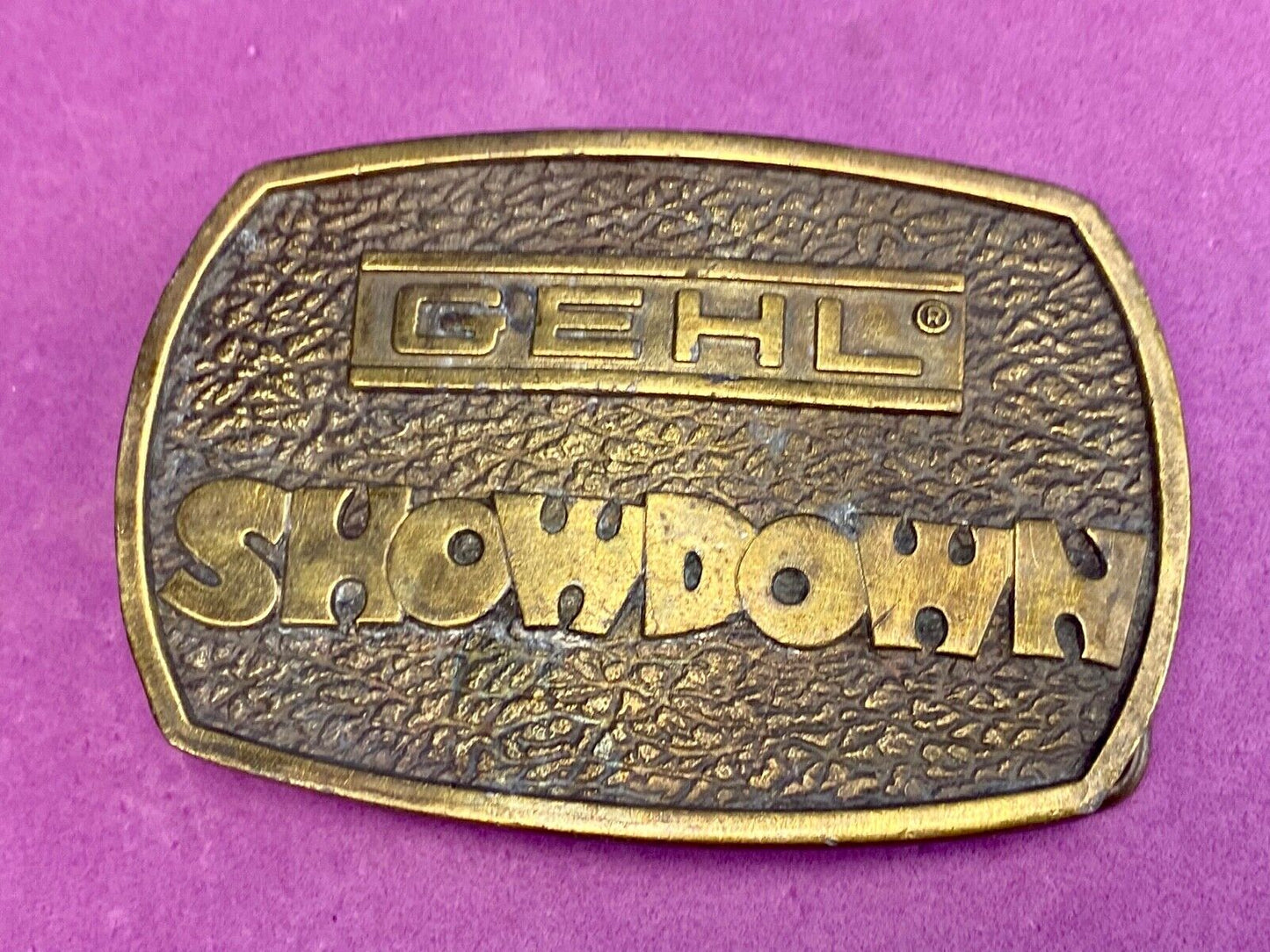 Vintage 1976 GEHL Showdown belt buckle by Bergamot - Farm Equipment Machinery