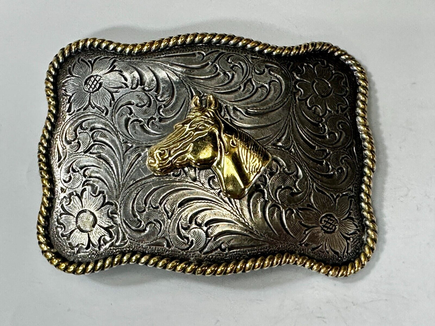 Beautiful Horse Head Centered Flower Swirl Two Tone Western Cowboy Belt Buckle