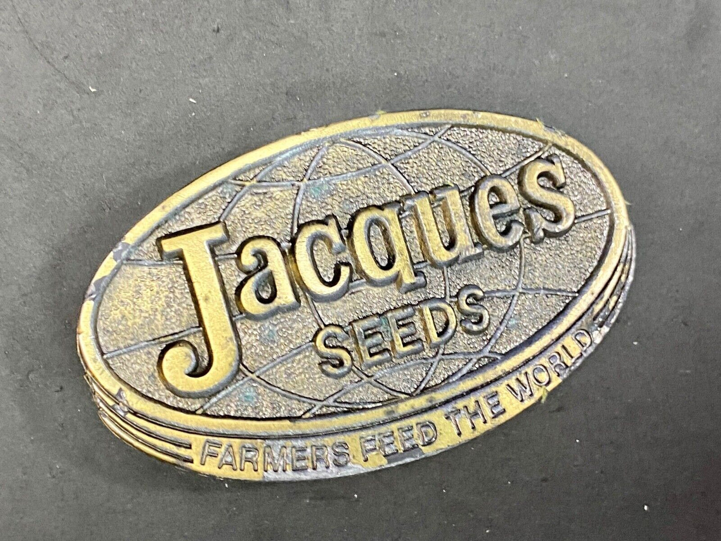 Vintage 1977 Jacques Seeds Farmers Feed The World Brass Tone Belt Buckle