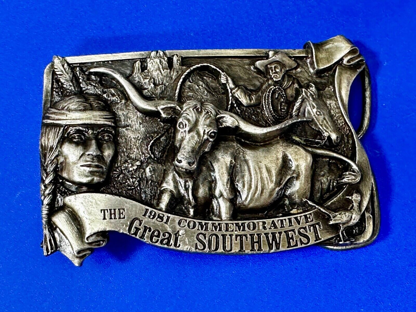 The Great Southwest Navajo Indian Hunter Commemorative Vintage 1981 Belt Buckle