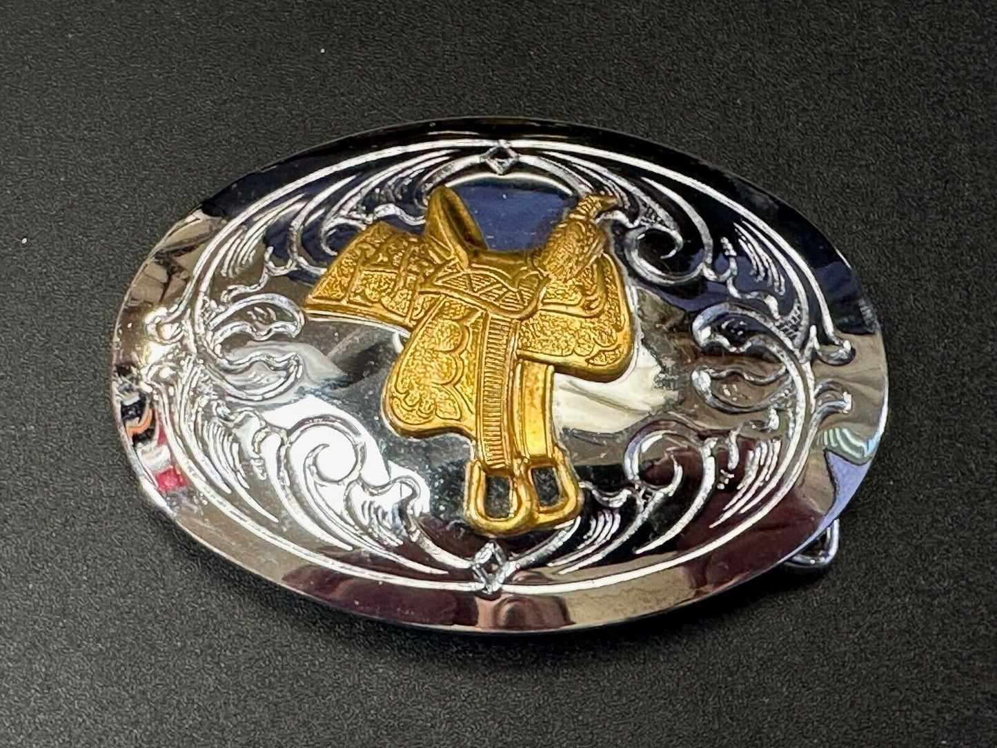 vintage Chambers Horse Saddle - Cowboys Cowgirls two tone belt buckle