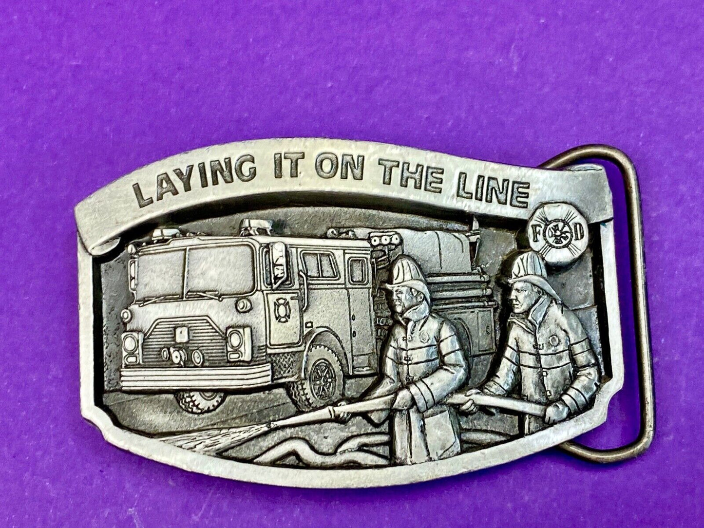 Vintage 1992, Laying it on the line fire department pewter belt buckle