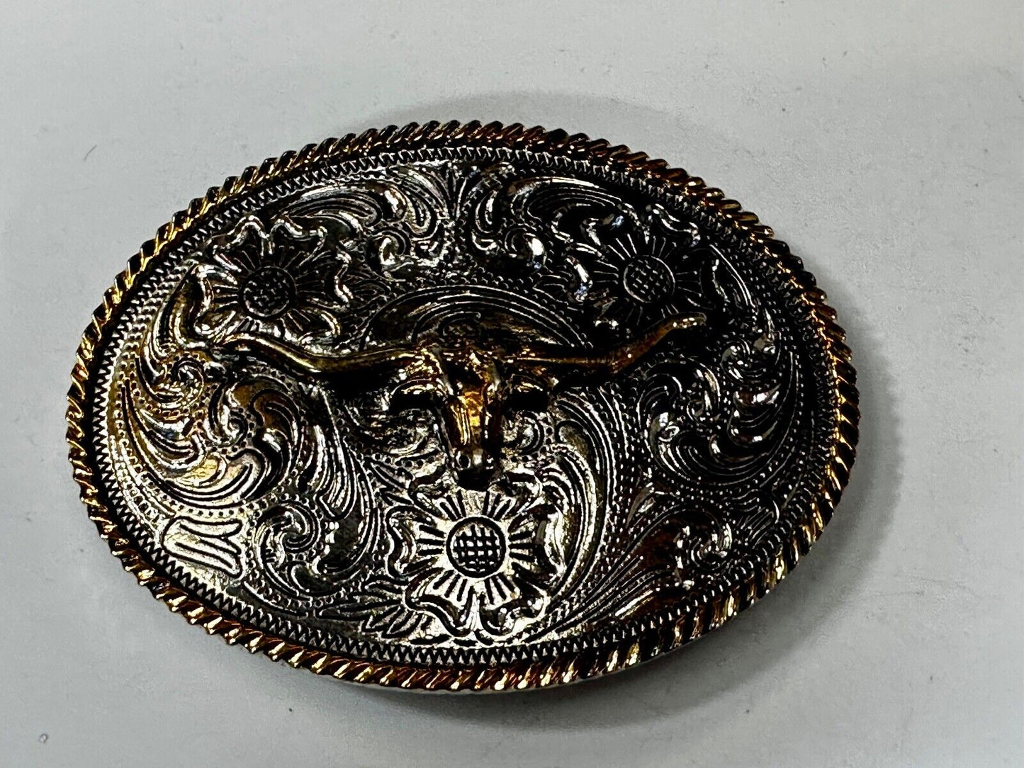 Texas Longhorn Steer Bull Ornate Two-Tone Vintage Oval Belt Buckle