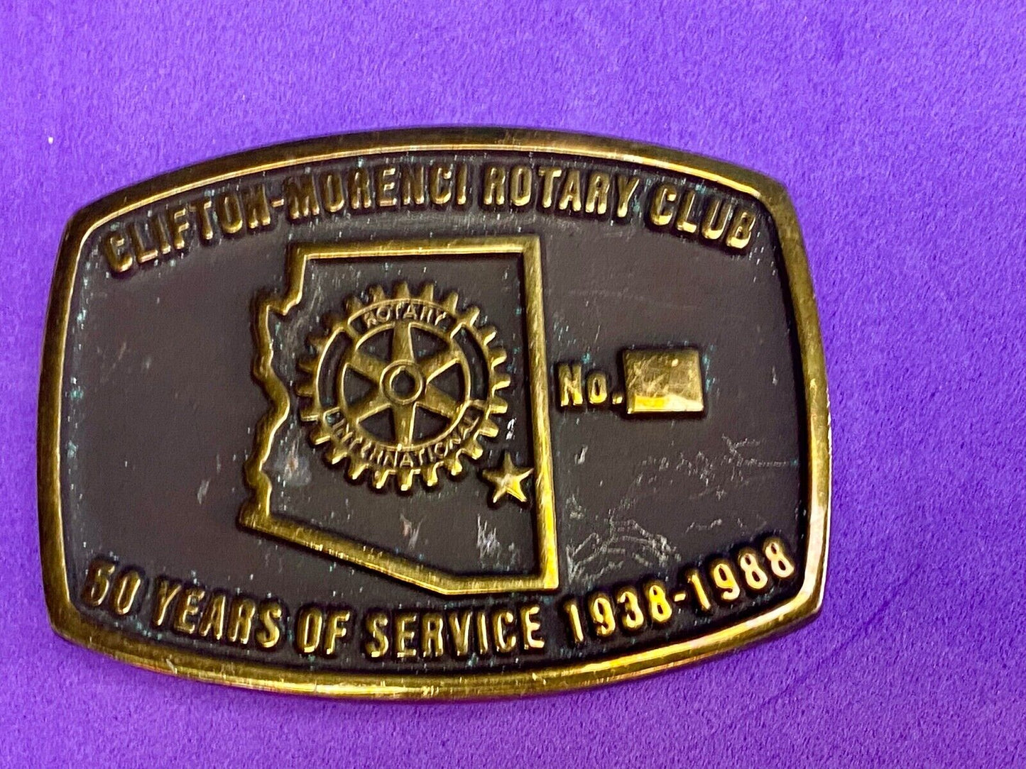 Vintage Clifton Morenci Rotary Club 50 years of service celebration belt buckle