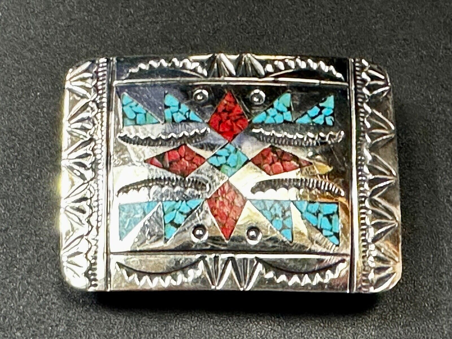 Turquoise & Coral Navajo / Native American Style Artisan 2" Belt Buckle