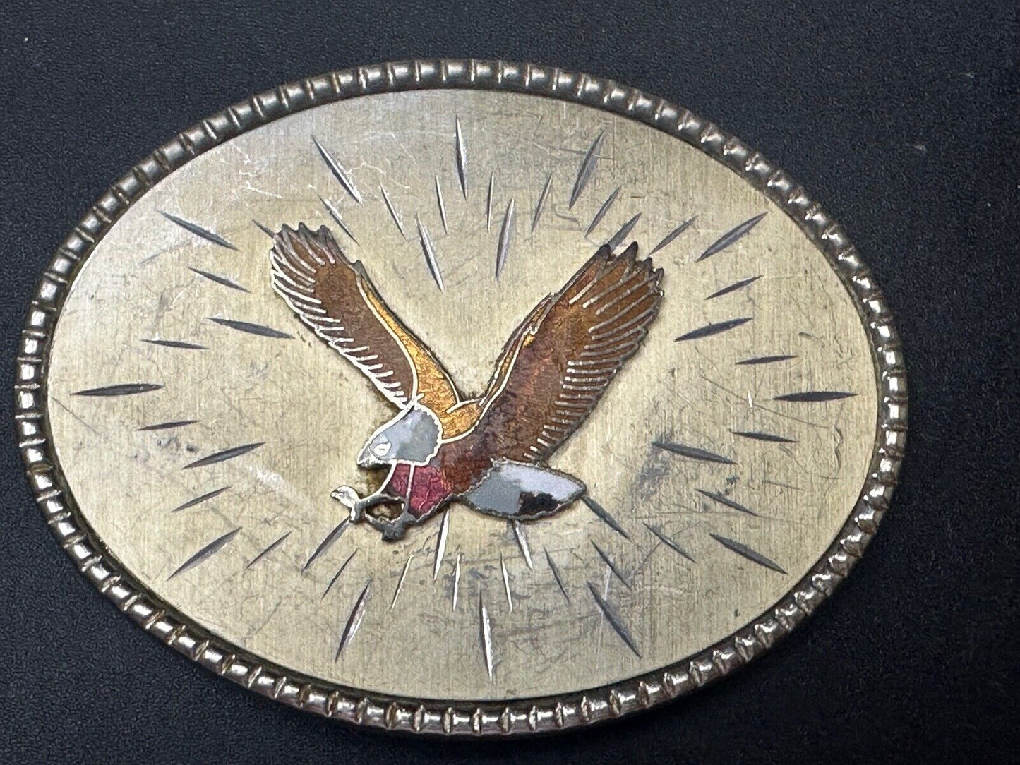 Vintage EAGLE flying High western etched Burst Pattern belt buckle Marked Taiwan