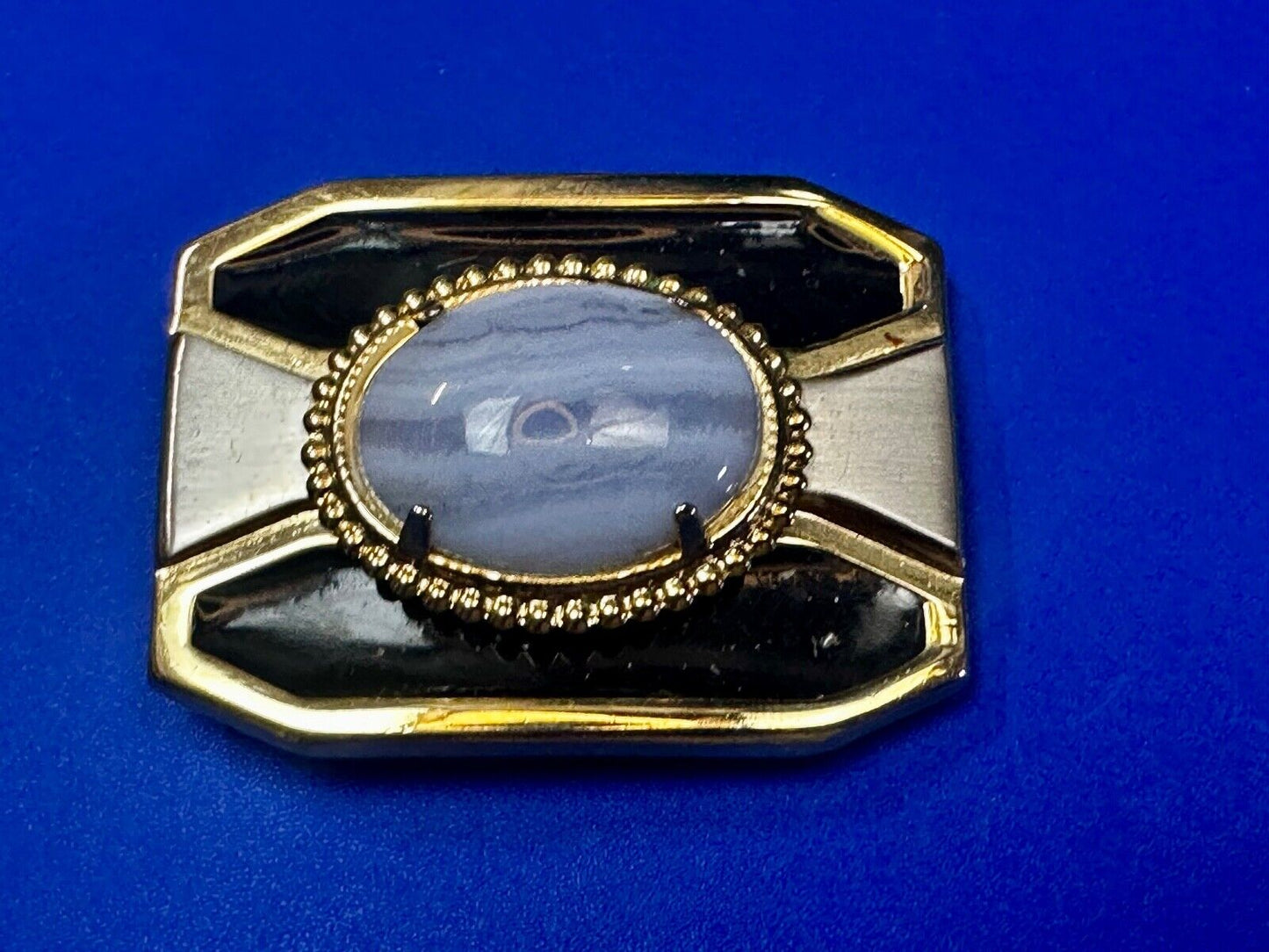 Vintage Blue Lace Agate Cabochon Cab Stone Centerpiece on Western Belt Buckle