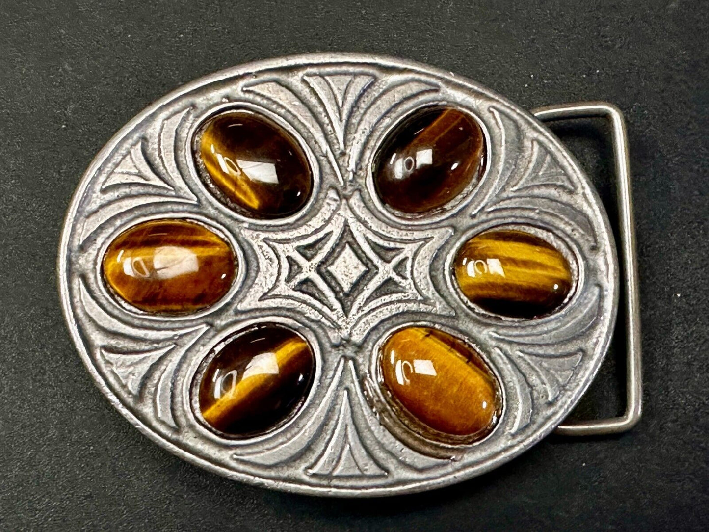 Tigers Eye Gemstones Cabs Native Indian Style? Vintage Pewter Oval Belt Buckle