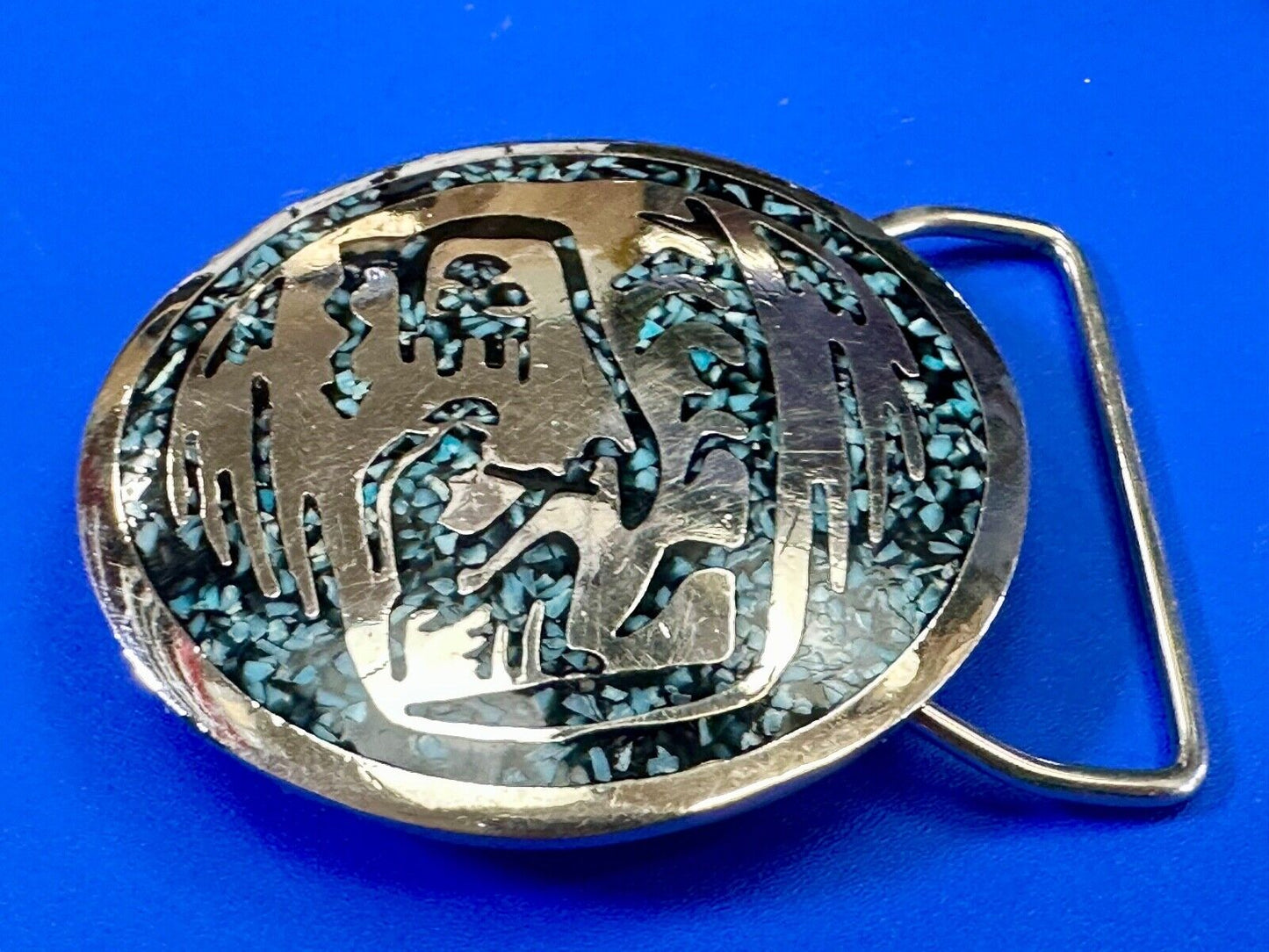 Artisan Inlaid Turquoise chip Beautiful Art pc. Vintage belt buckle marked 1980