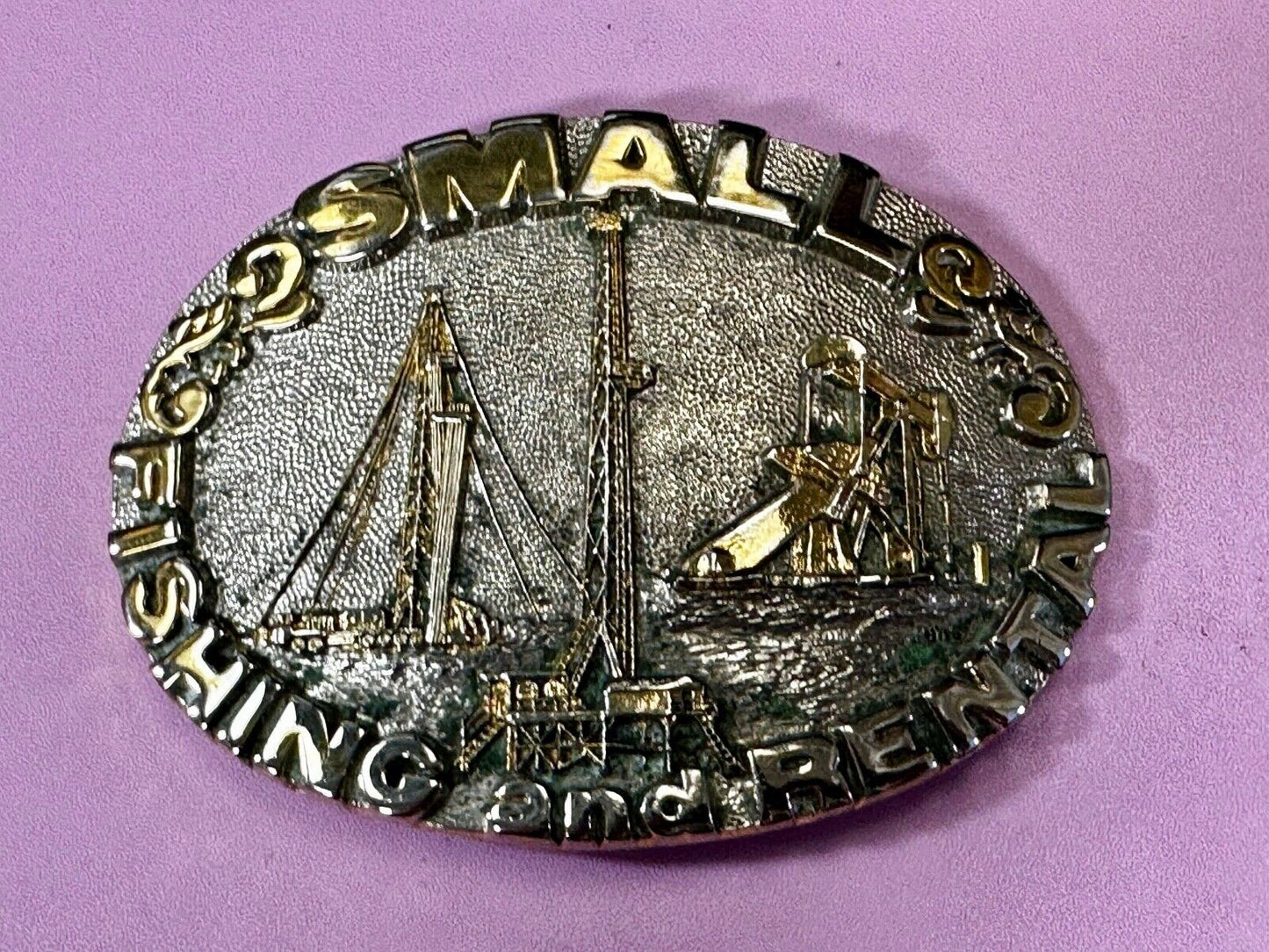 2 Small Fishing And Rental 24K Gold Plated Off Shore Oil Rig Belt Buckle By Adm