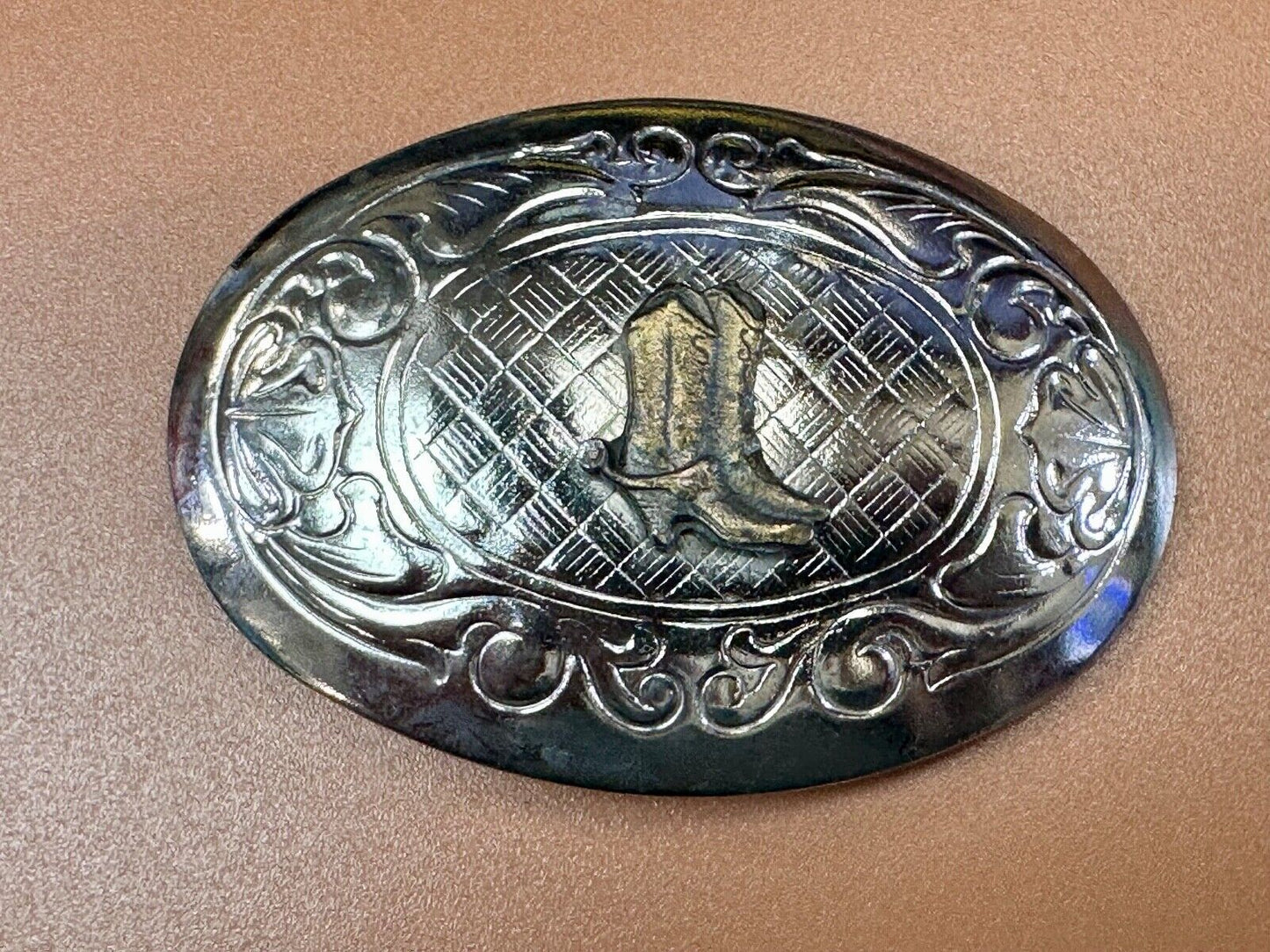 vintage Cowboy Boots western theme two tone flower swirl design belt buckle