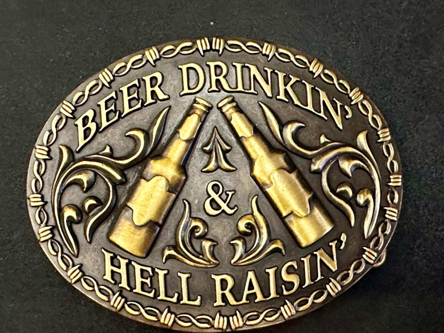 Beer Drinkin Hell Raisin Funny Novelty Barbed Wire Border Western Belt Buckle