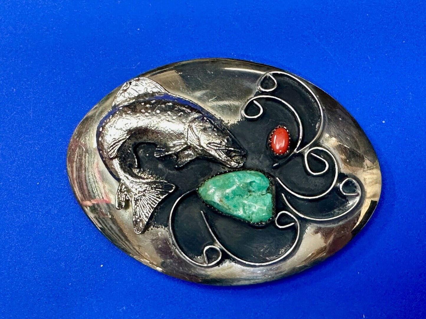 Bass Fish - Turquoise & Coral accented Native American Indian Style Belt Buckle