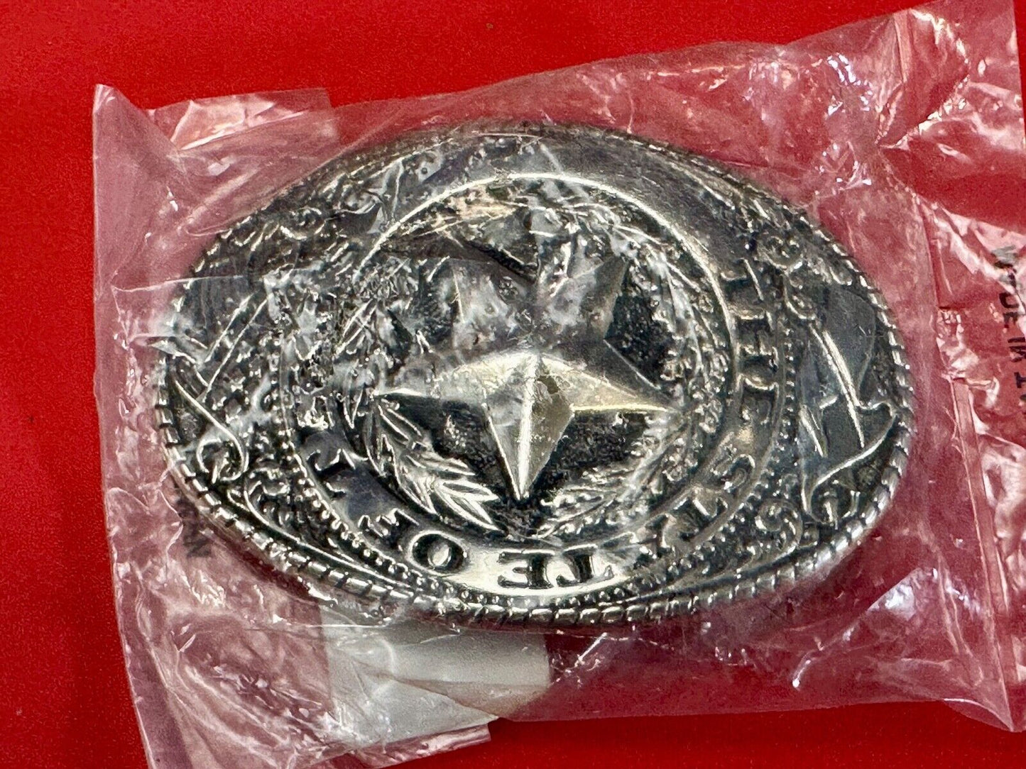 The Great State of Texas - Lone Star Flags seal silver tone NOS belt buckle