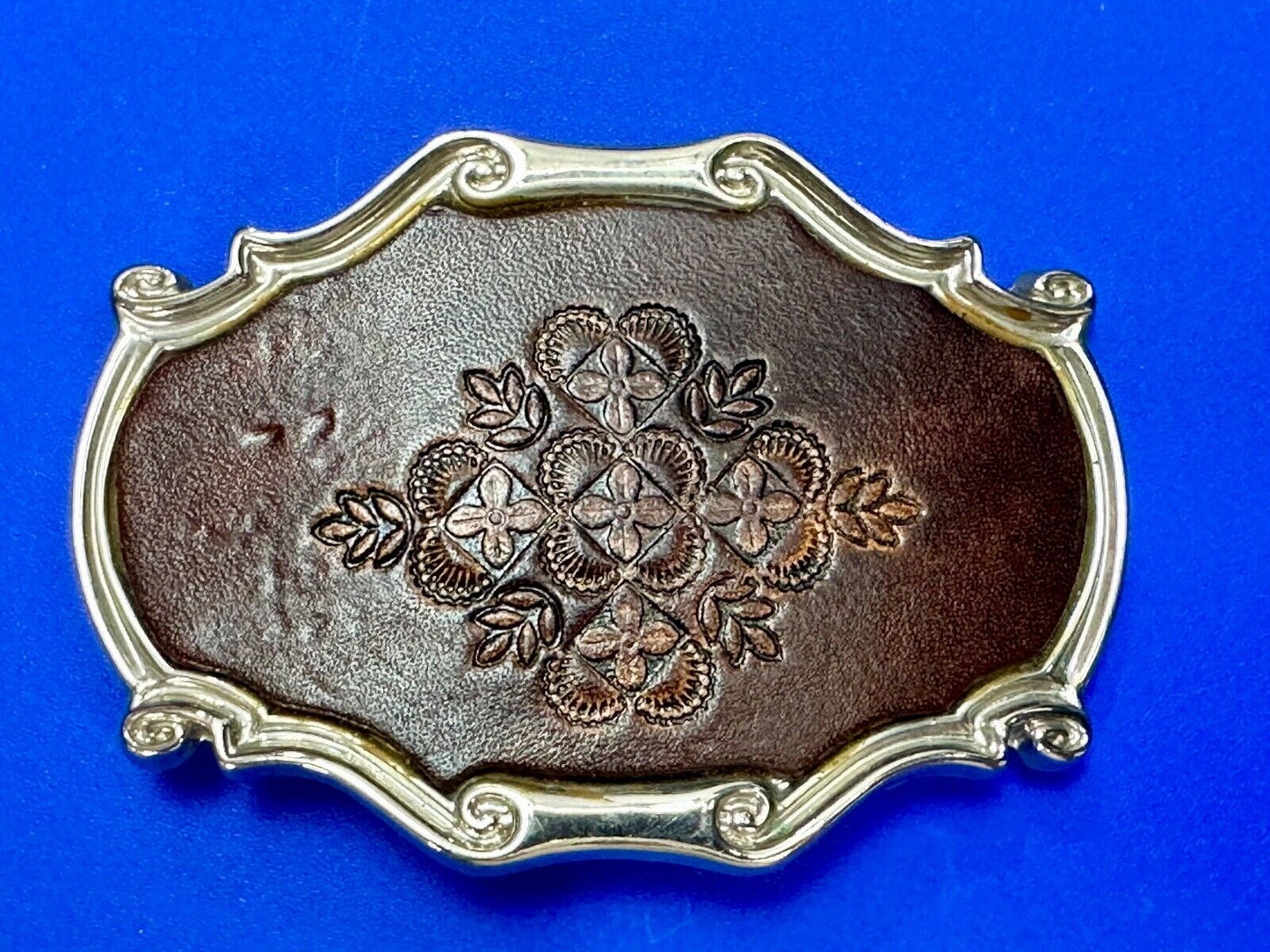 Vintage Brown leather flower pattern belt buckle made in Spain