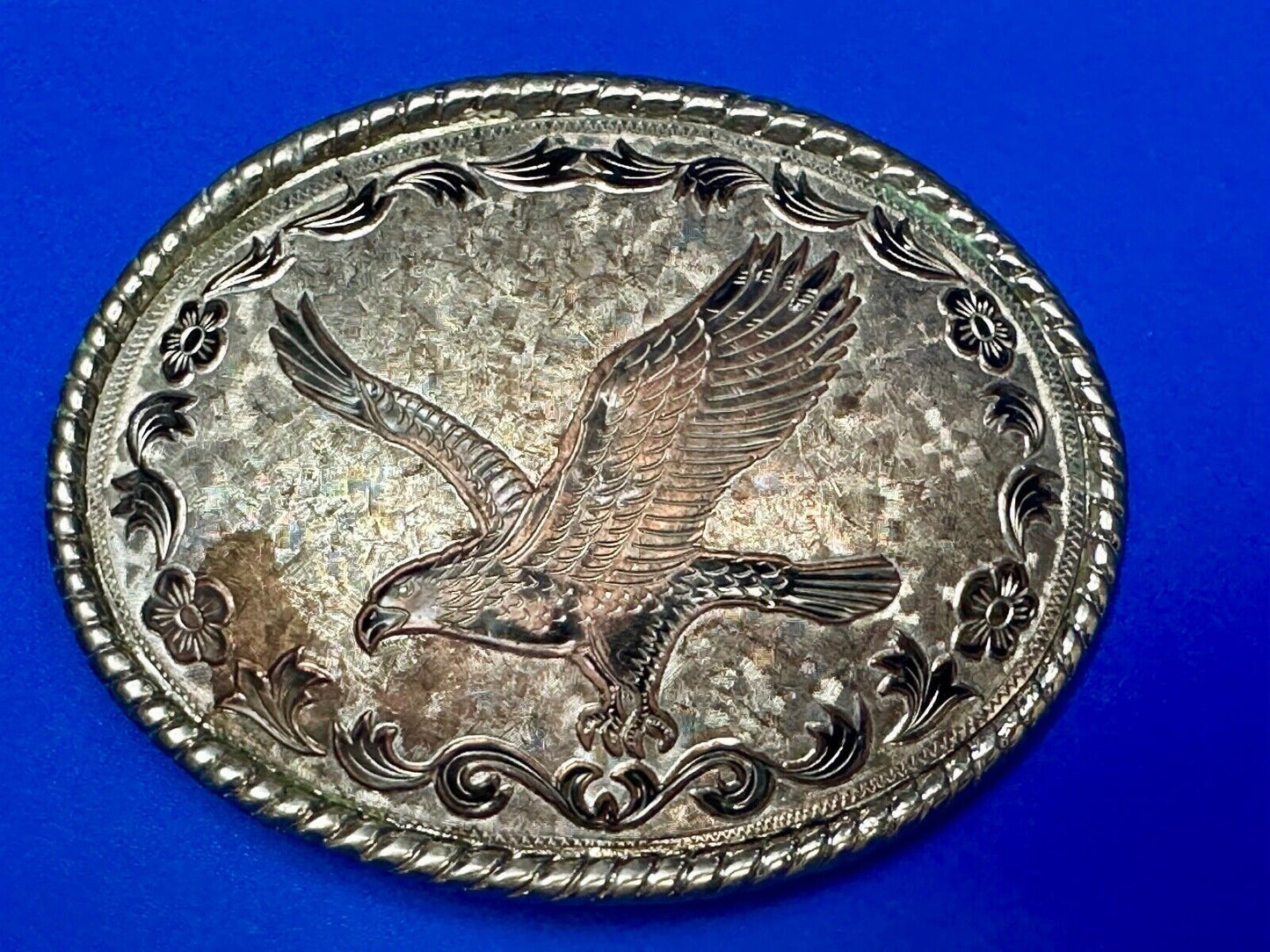 Vintage Etched Patriotic American Eagle Mixed Metal Belt Buckle "W" USA 80s