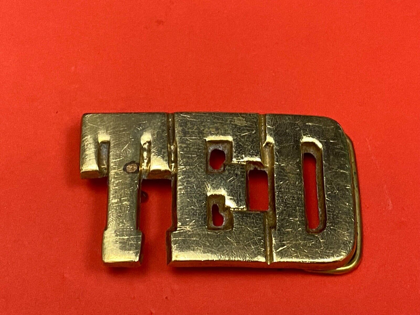 Ted - Name In Cutout Block Letters Solid Brass Belt Buckle Marked Taiwan Roc