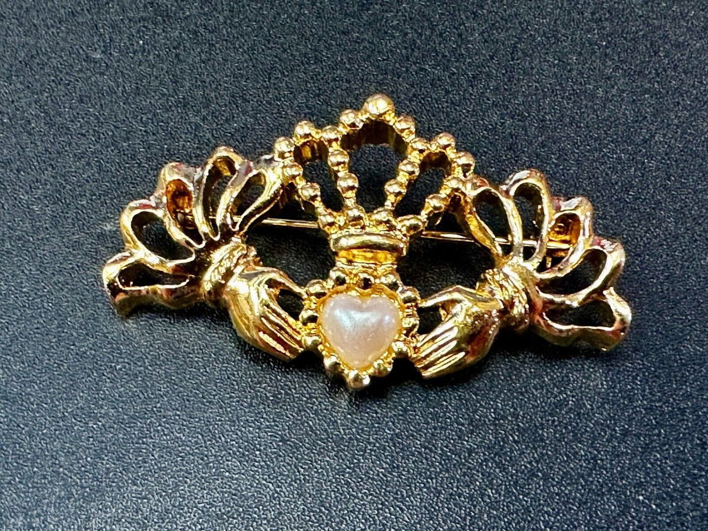 Vintage Avon Gold Tone Claddagh Faux Pearl Heart Hands Crown Pin Brooch