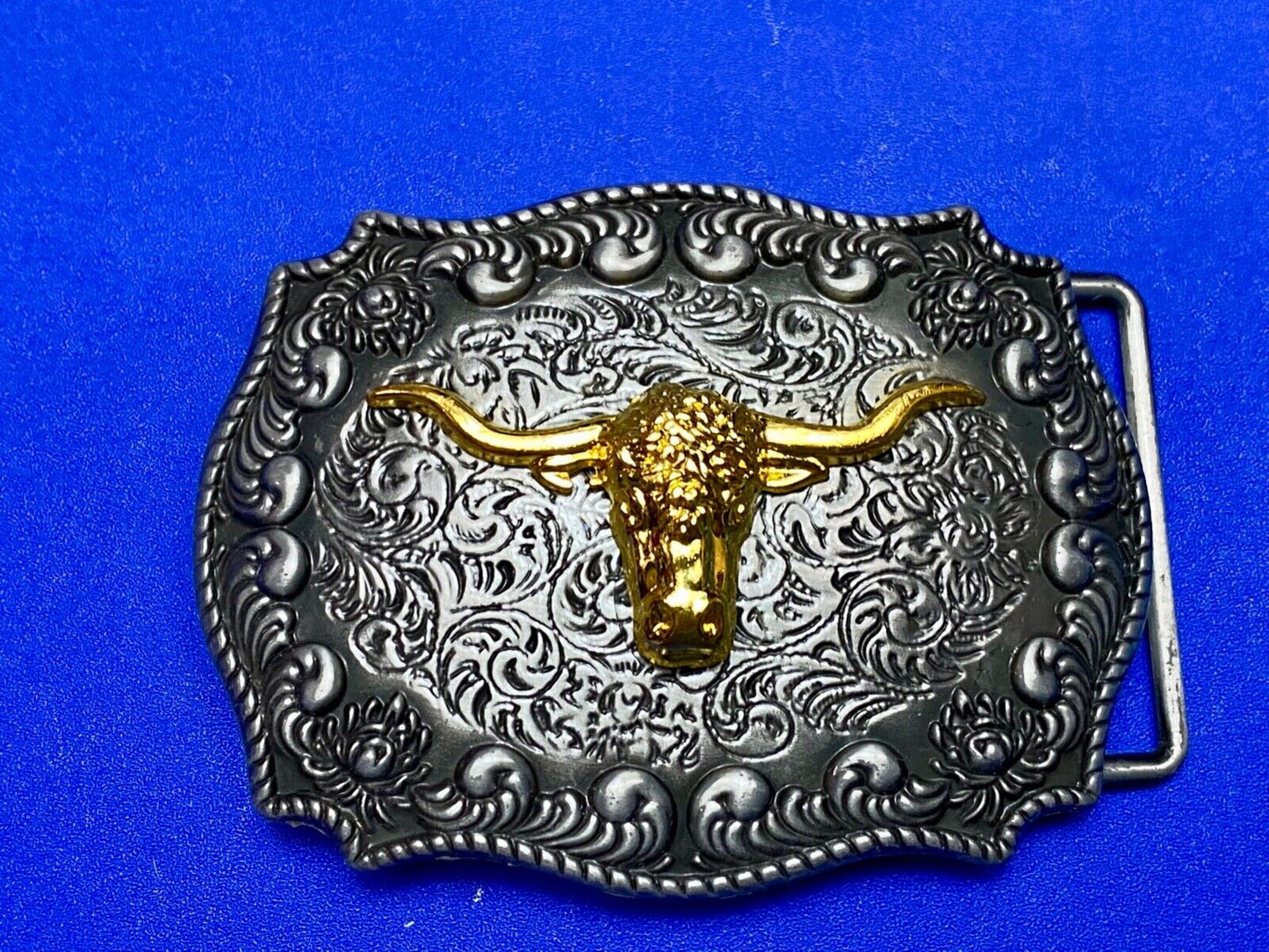 Texas longhorn western raised steer cow two tone 3.5" wide belt buckle