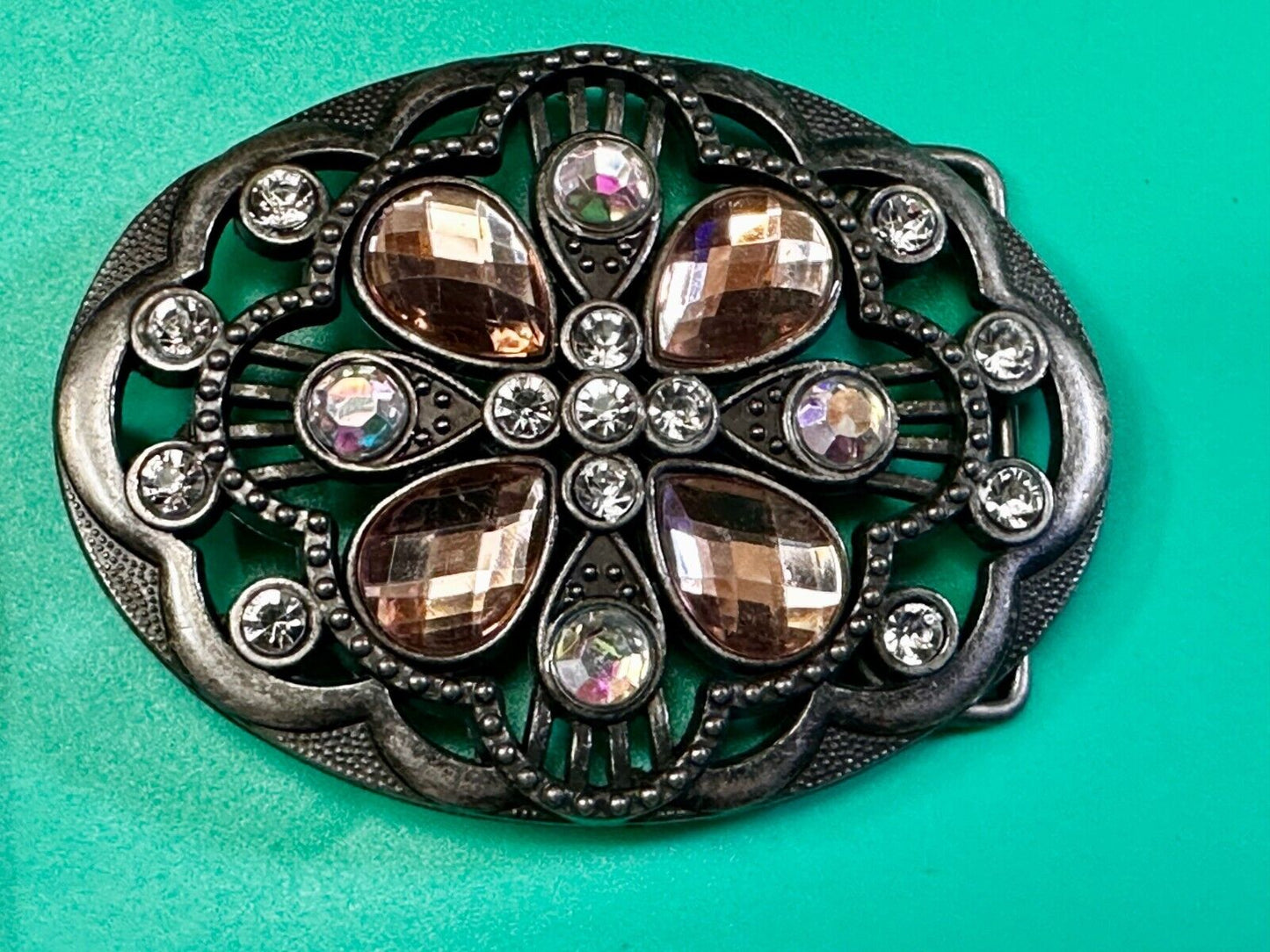 Beautiful Floral Design Silver Tone Metal W/ Rhinestones See Through Belt Buckle