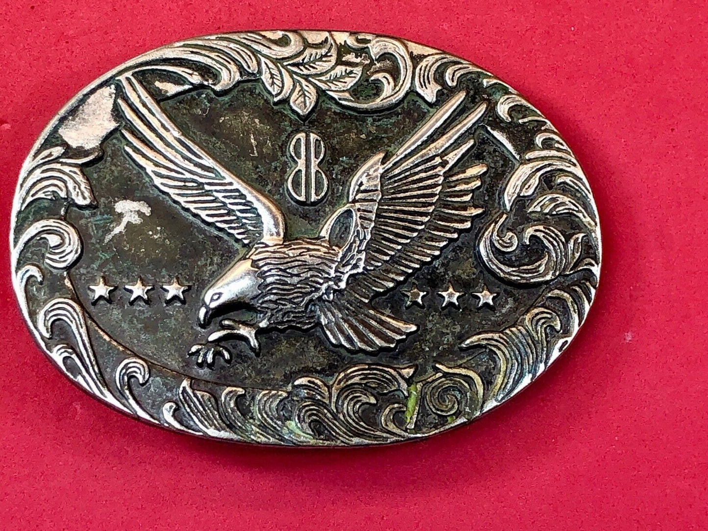 Vintage belt buckle of Flying Diving Hunting Eagle, Bird, Grouse, Stars
