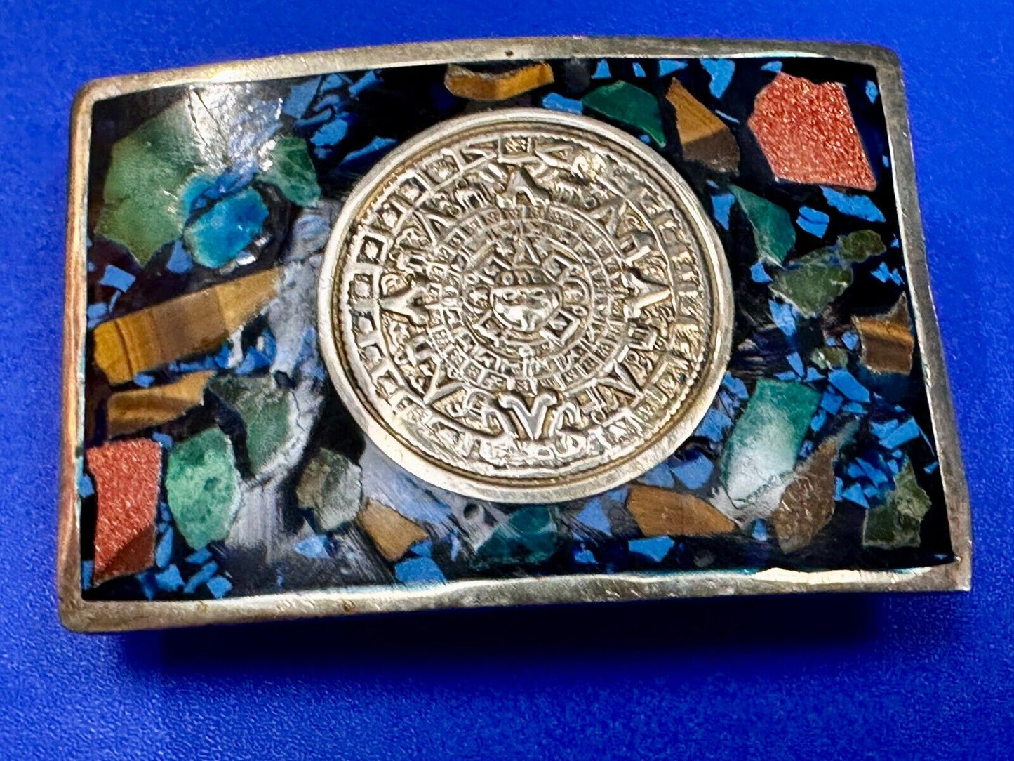 Aztec Mayan Calendar Sun God Face Turquoise Multi Stone Chip Inlay Belt Buckle