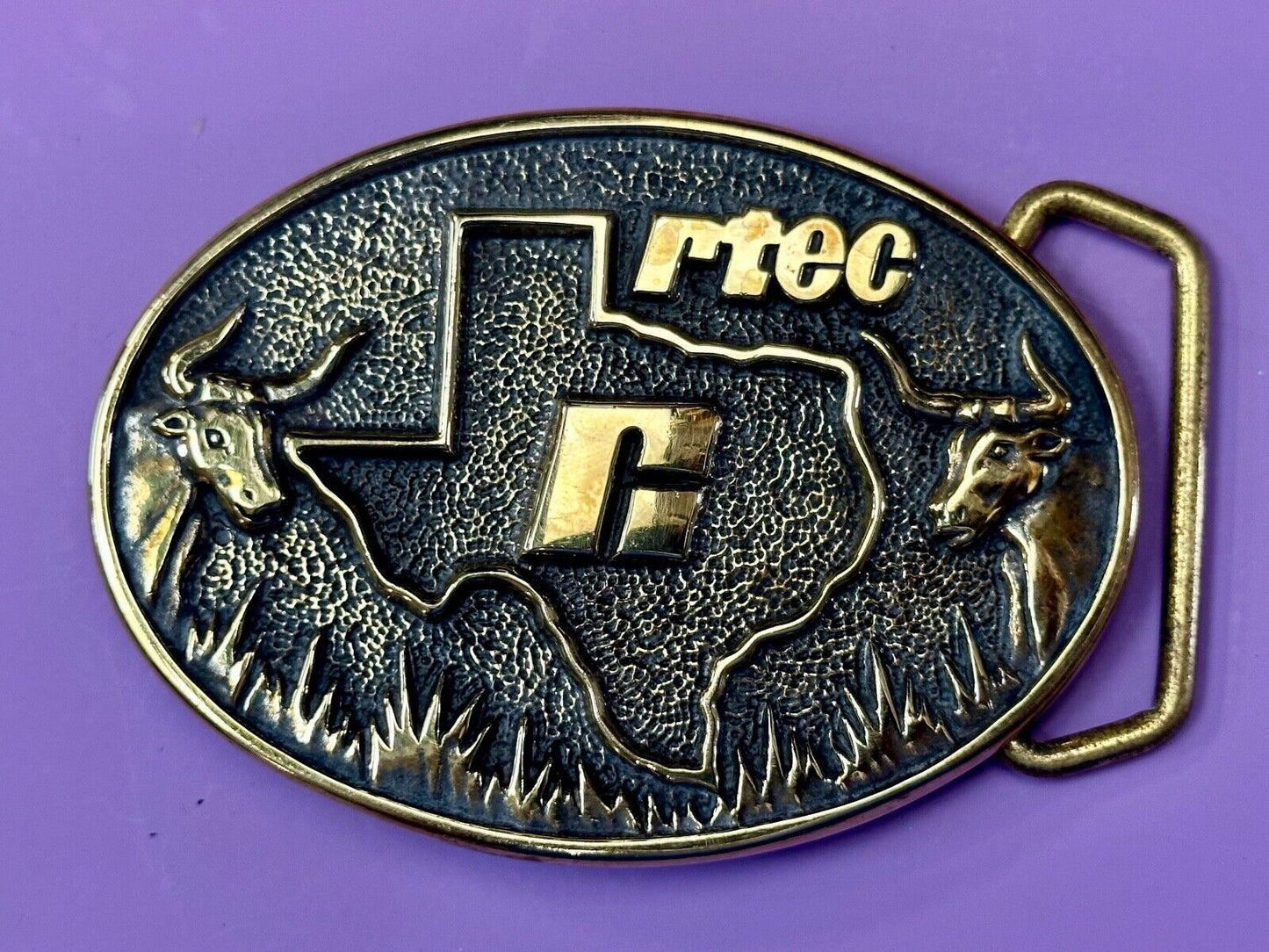 Texas RTEC Cattle Longhorn Cow Brass BTS Cowboy Western vintage belt buckle