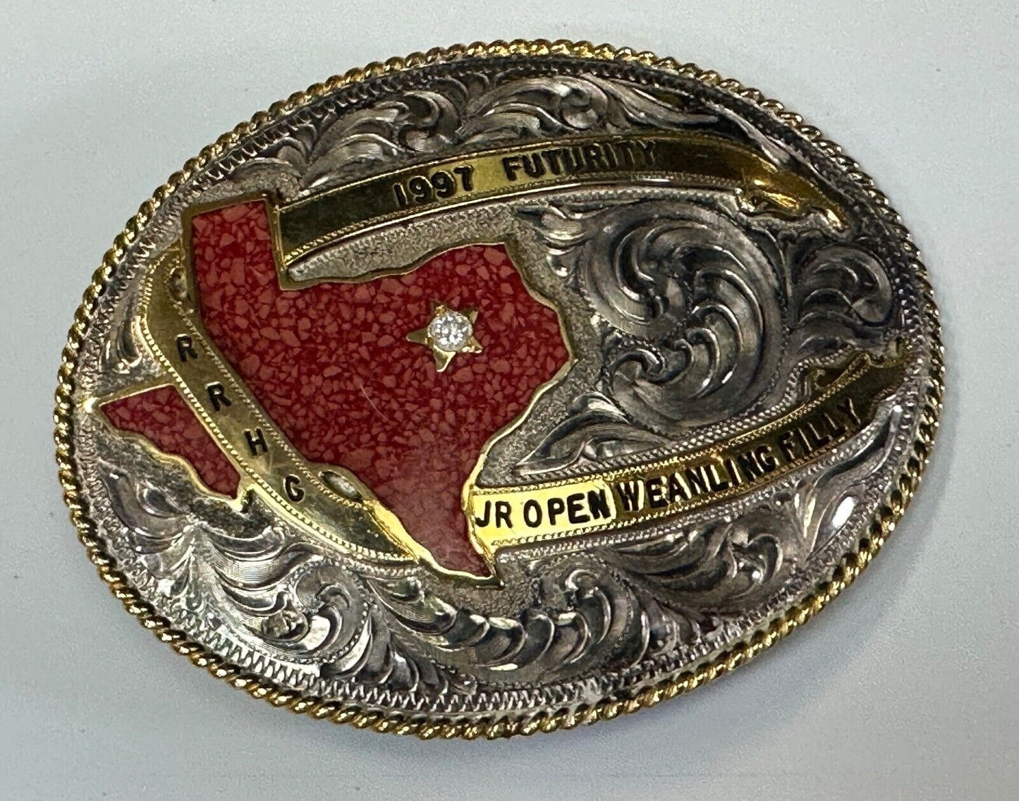 TEXAS Inlaid Coral Chip JR Open Weanling Filly 1997 Futurity Trophy belt buckle