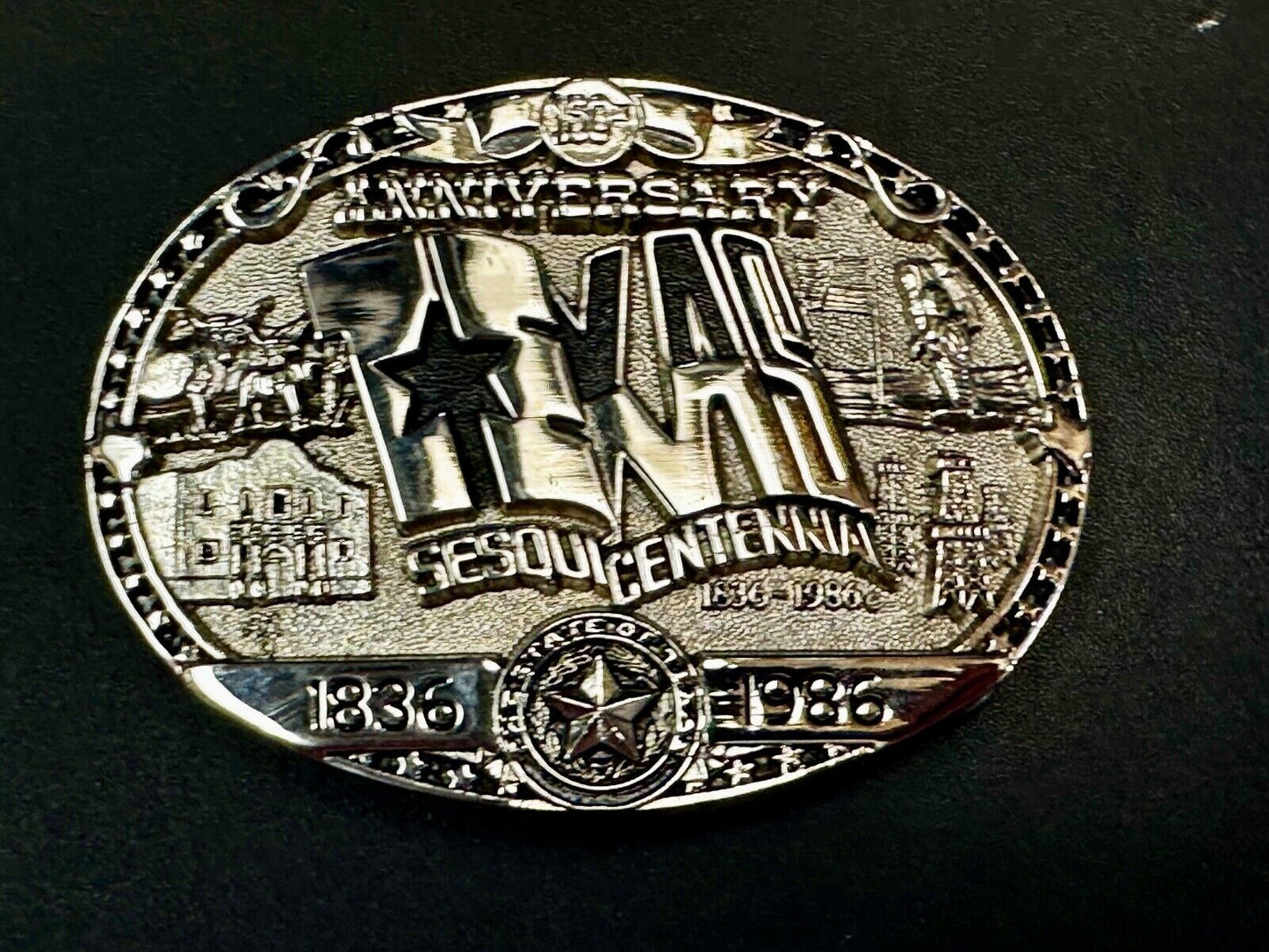 Texas Official 1986 Sesquicentennial ADM Belt Buckle - Oil rig, Alamo Lone Star
