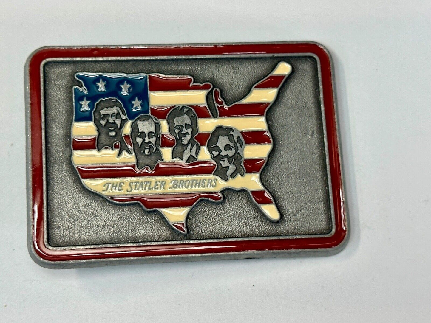 The Statler Brothers American Flag Country Shaped background band belt buckle