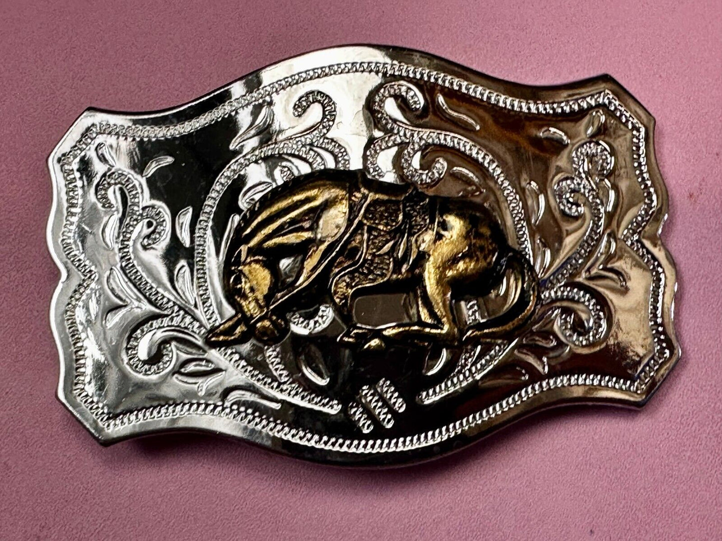 Vintage Cowboy Saddle Bronc Bucking Horse Two tone Belt Buckle