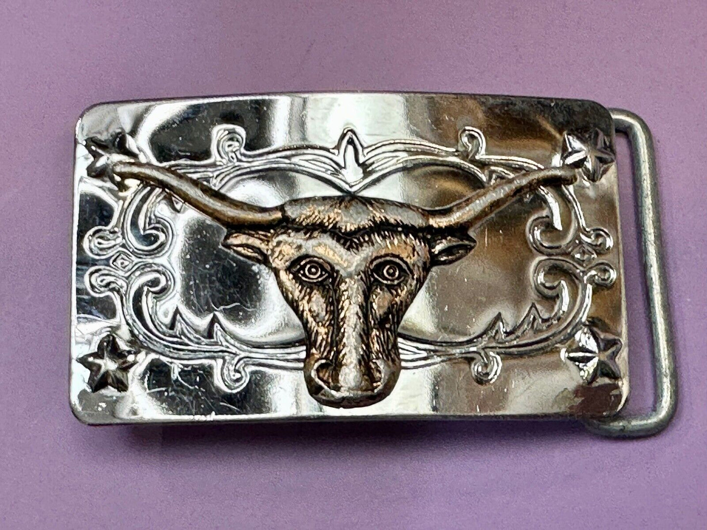 Texas Longhorn Cow Steer on Vintage two tone reflective western Belt Buckle