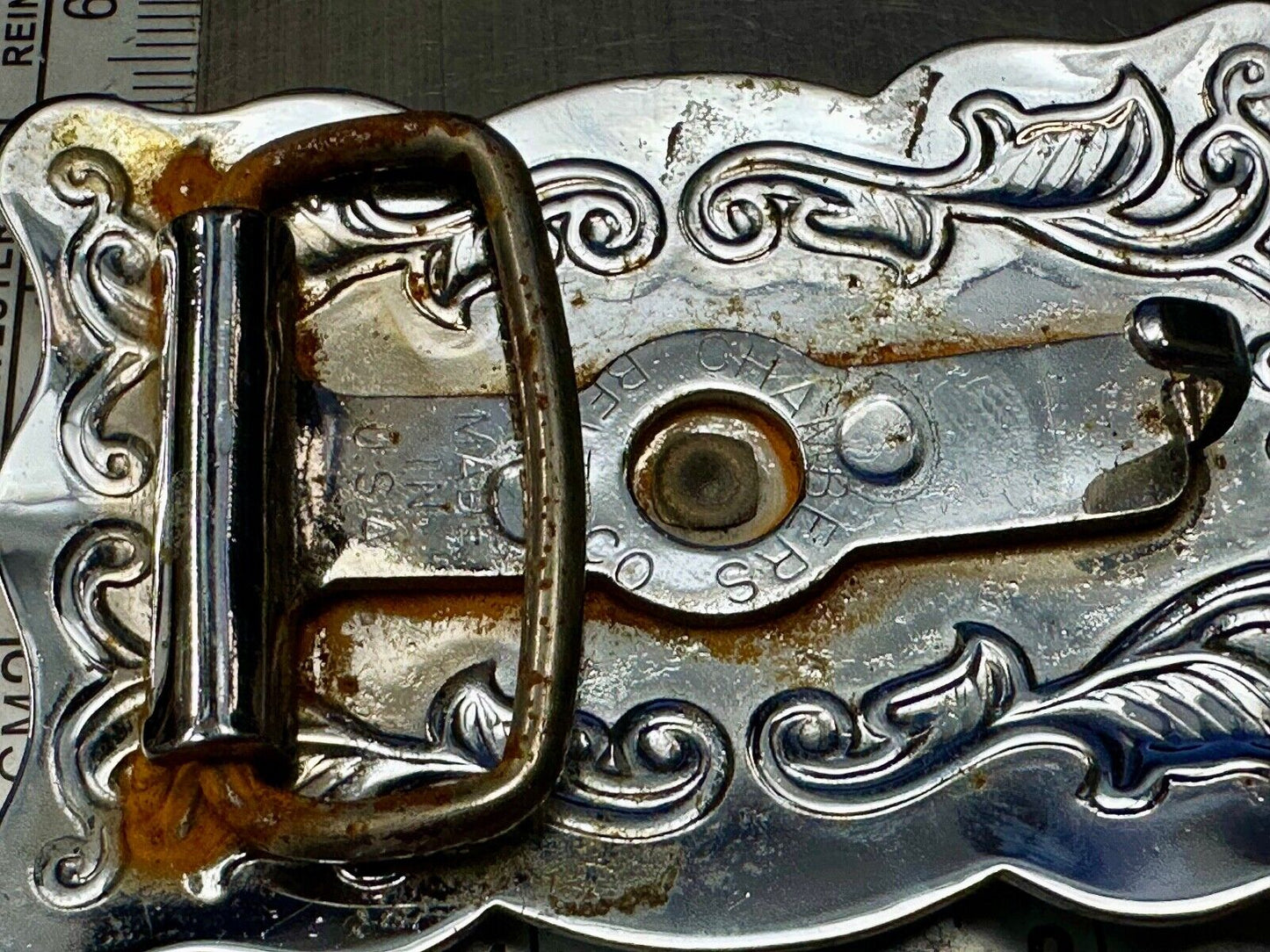Vintage Chambers Horse head - two tone stamped rectangular belt buckle