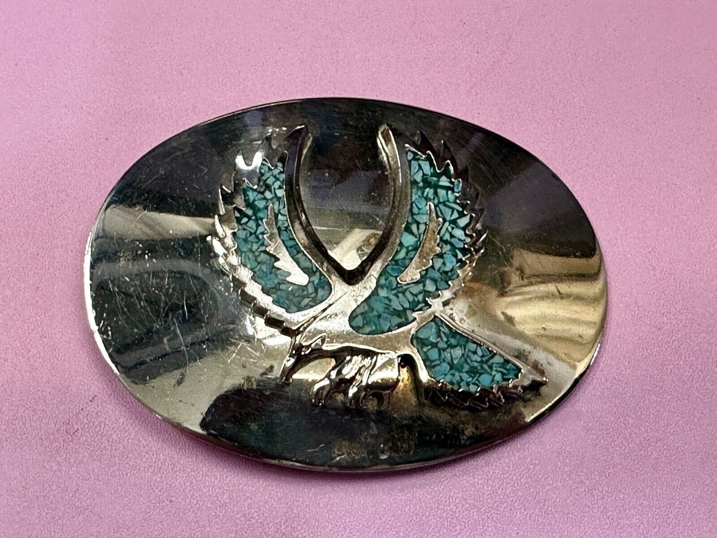 Turquoise Chip inlaid Flying Hunting Diving Patriotic American Eagle Belt Buckle