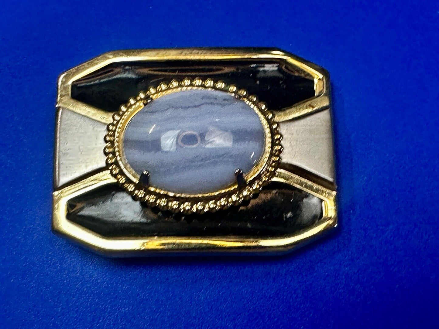 Vintage Blue Lace Agate Cabochon Cab Stone Centerpiece on Western Belt Buckle
