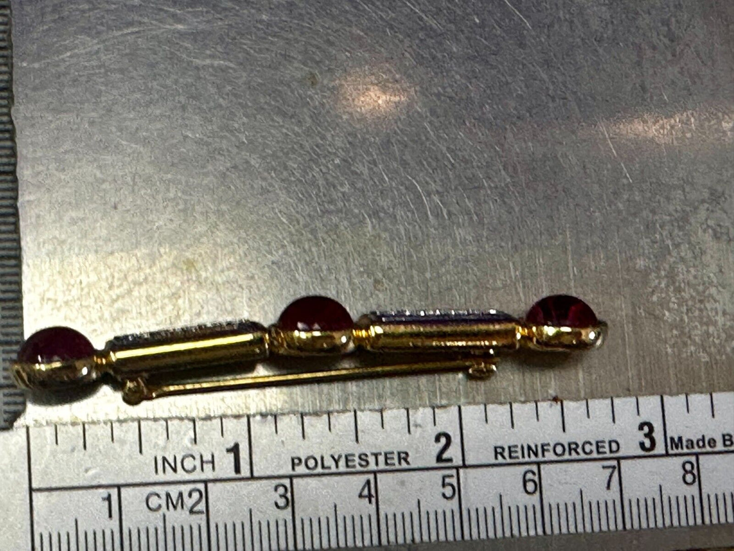 Three Red Round Glass? Vintage Gold Tone Bar Brooch Pin Signed by Ben-Amun