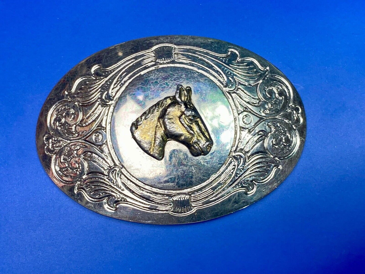 Beautiful Horse Bust Head Mixed Metal On Ornate Western Belt Buckle