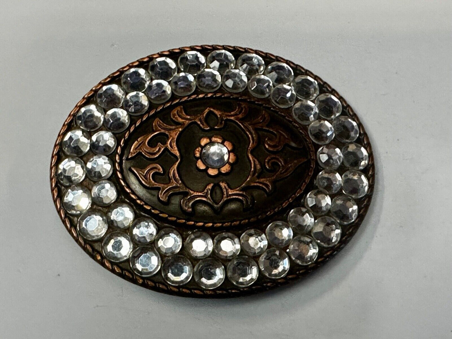 Vintage brown oval floral theme Belt Buckle with Rhinestone surround