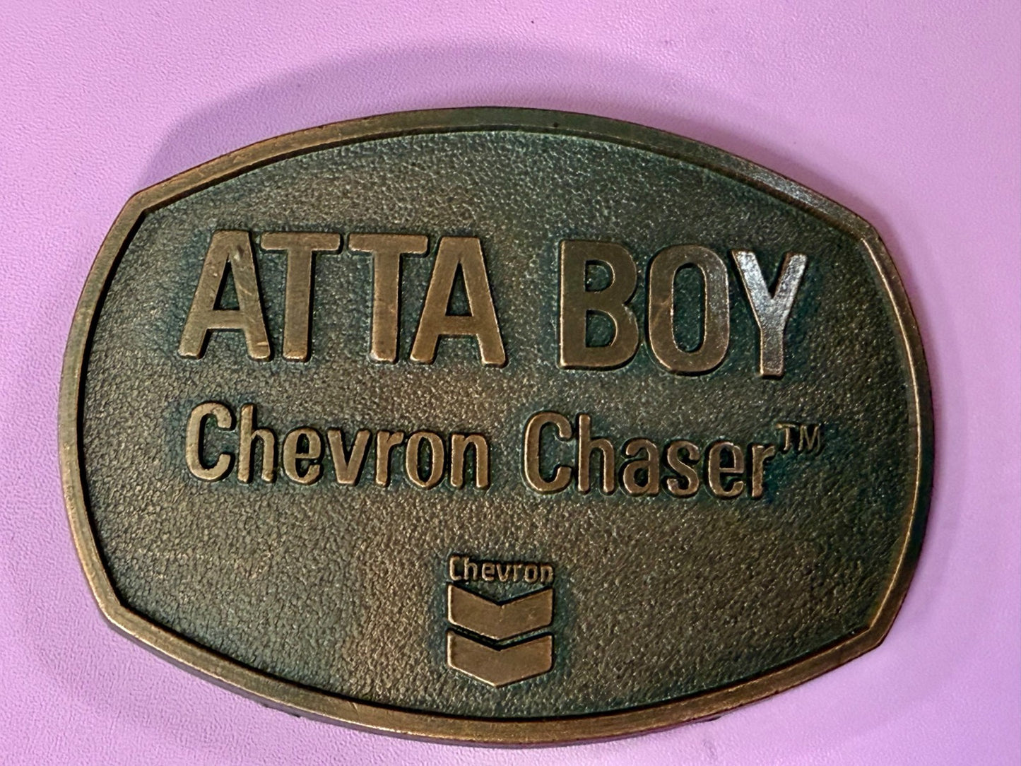 ATTA BOY Chevron Chaser Fuel Oil Mine Industry Rough Neck NOS Vtg. Belt Buckle