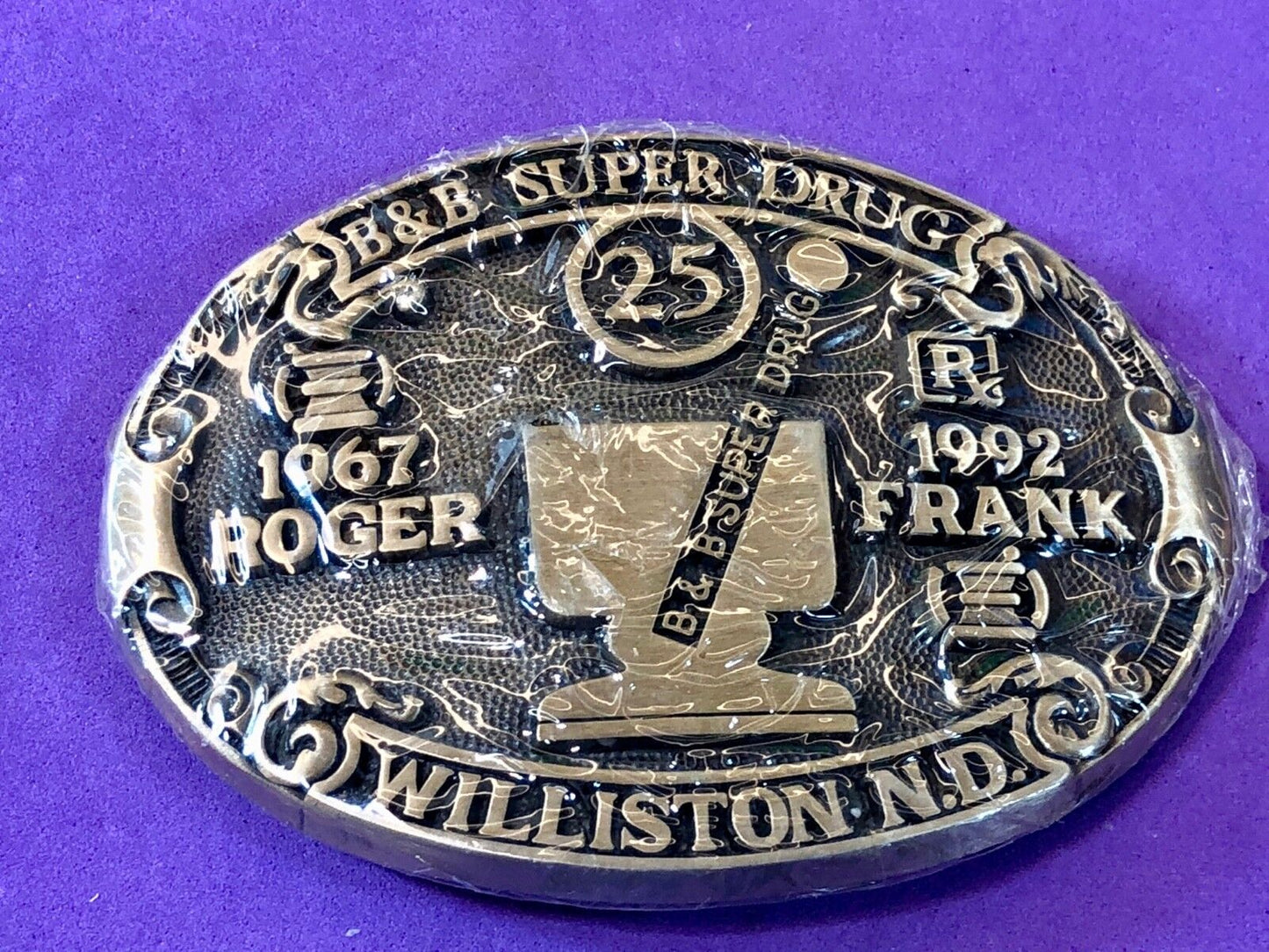B&B Super Drug Store Roger Frank Williston ND Belt Buckle Advertising Promo
