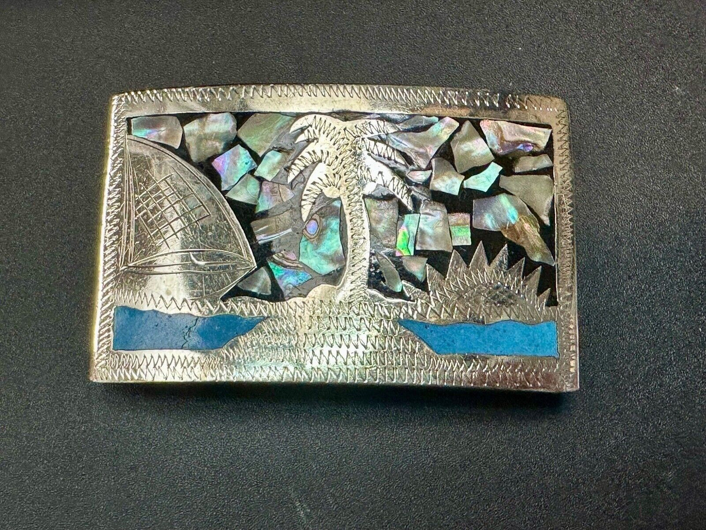 Beach Scene with Palm Tree - Inlaid Turquoise, Abalone Shell Vintage belt buckle