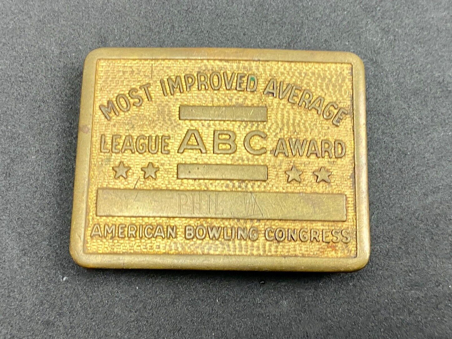 Vintage bowling ABC American Bowling Congress most improved award belt buckle