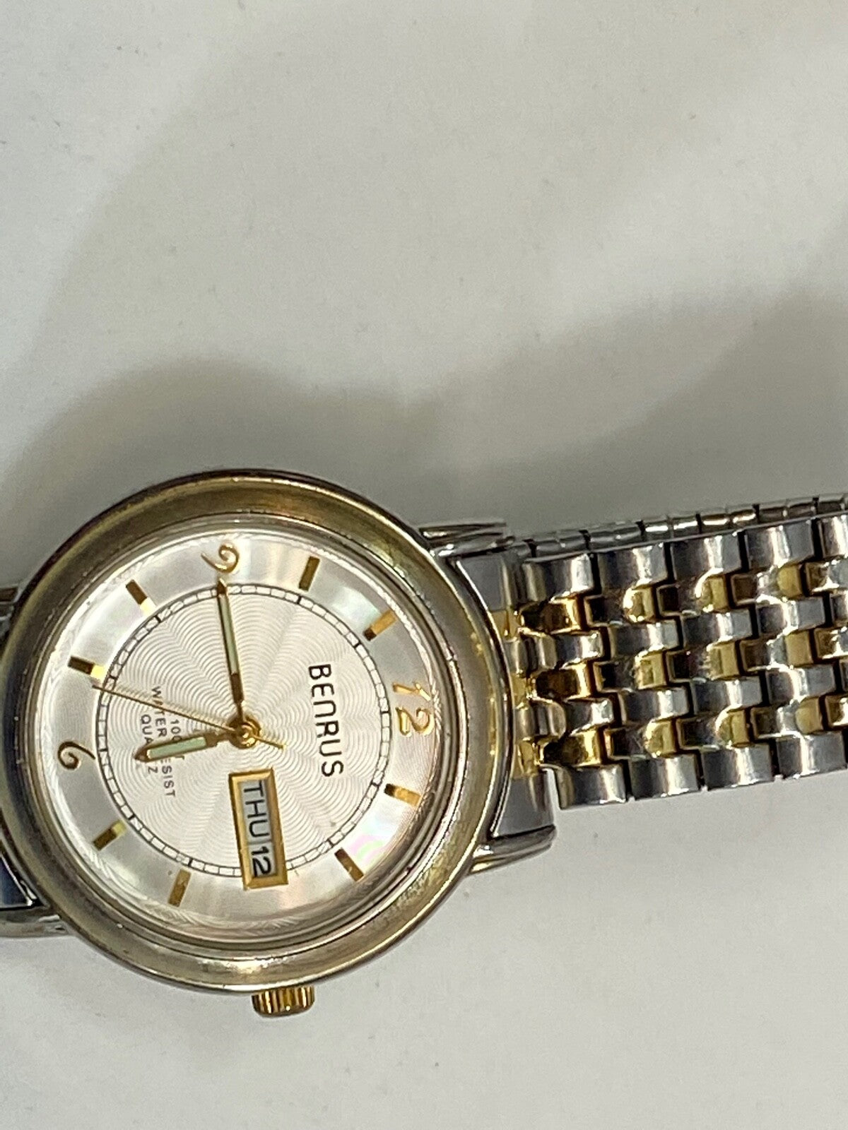 Benrus Day Date Bnw708 Two Tone Stretch Band Watch Working Well, Fresh Battery