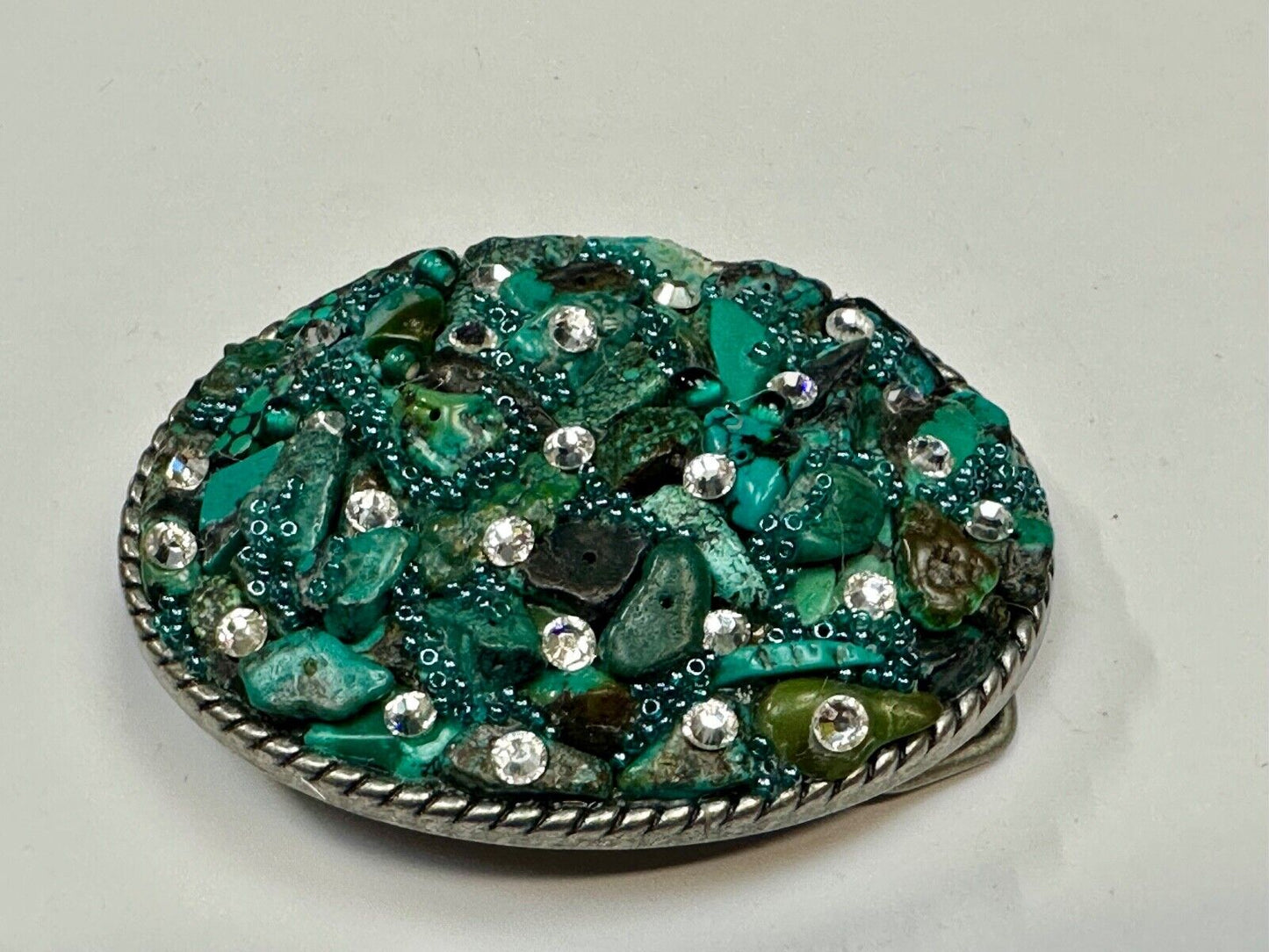 Artisan Chunky shades of Green and clear rhinestone mixed material belt buckle