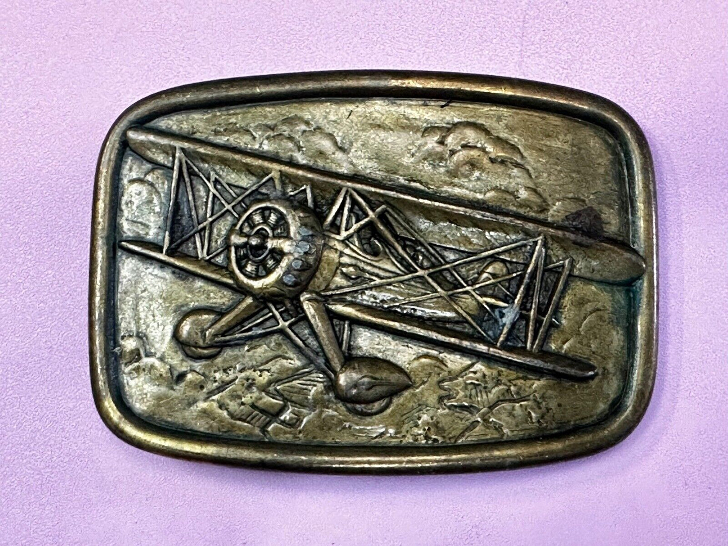 Airplane - Pilots Plane Bi_Wing Avon Vintage 1985 Flying Americana Belt Buckle
