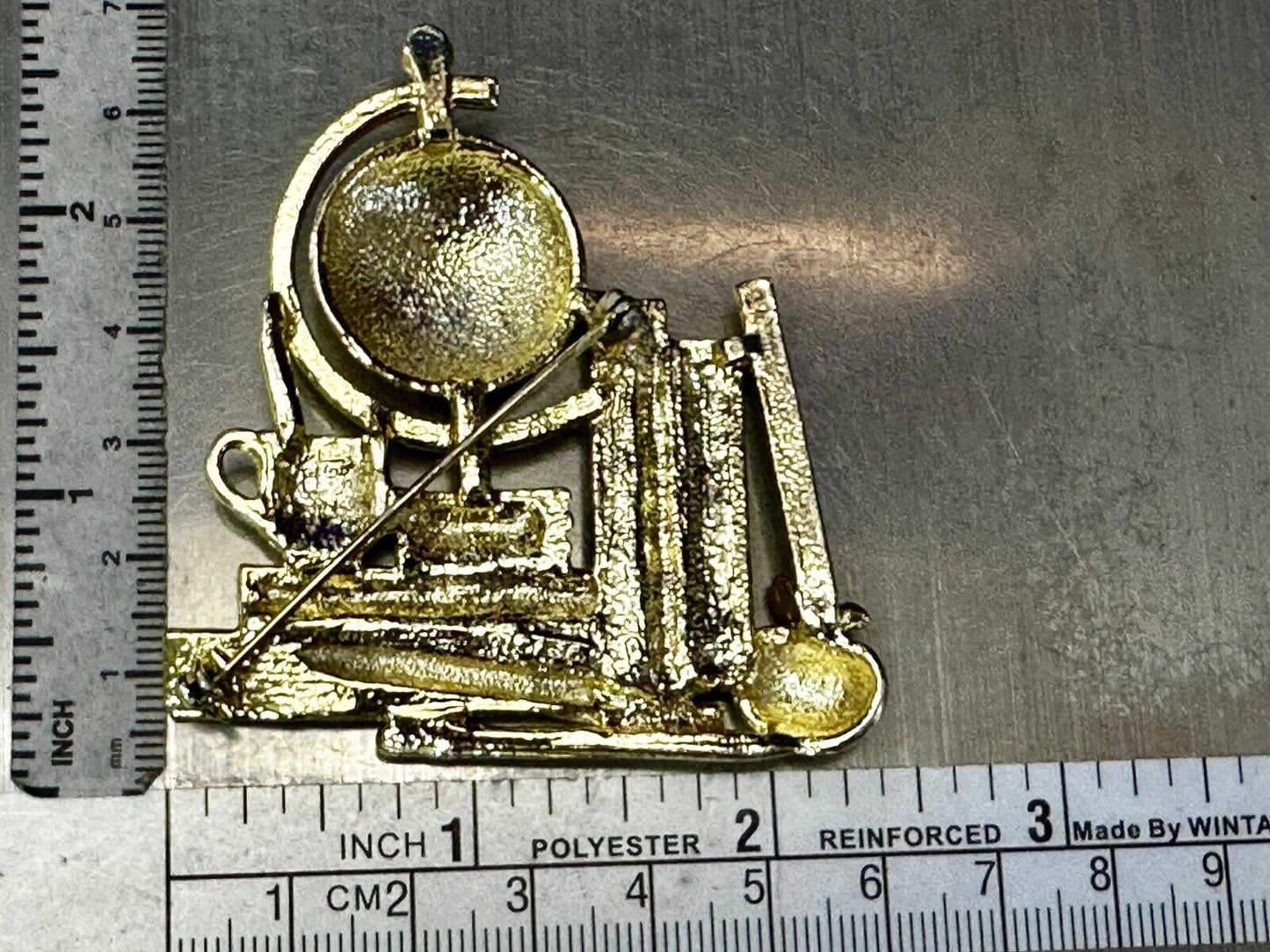 Teacher Gift! Globe Books Apple Ruler Gold Tone Brooch Pin Vintage by AJC